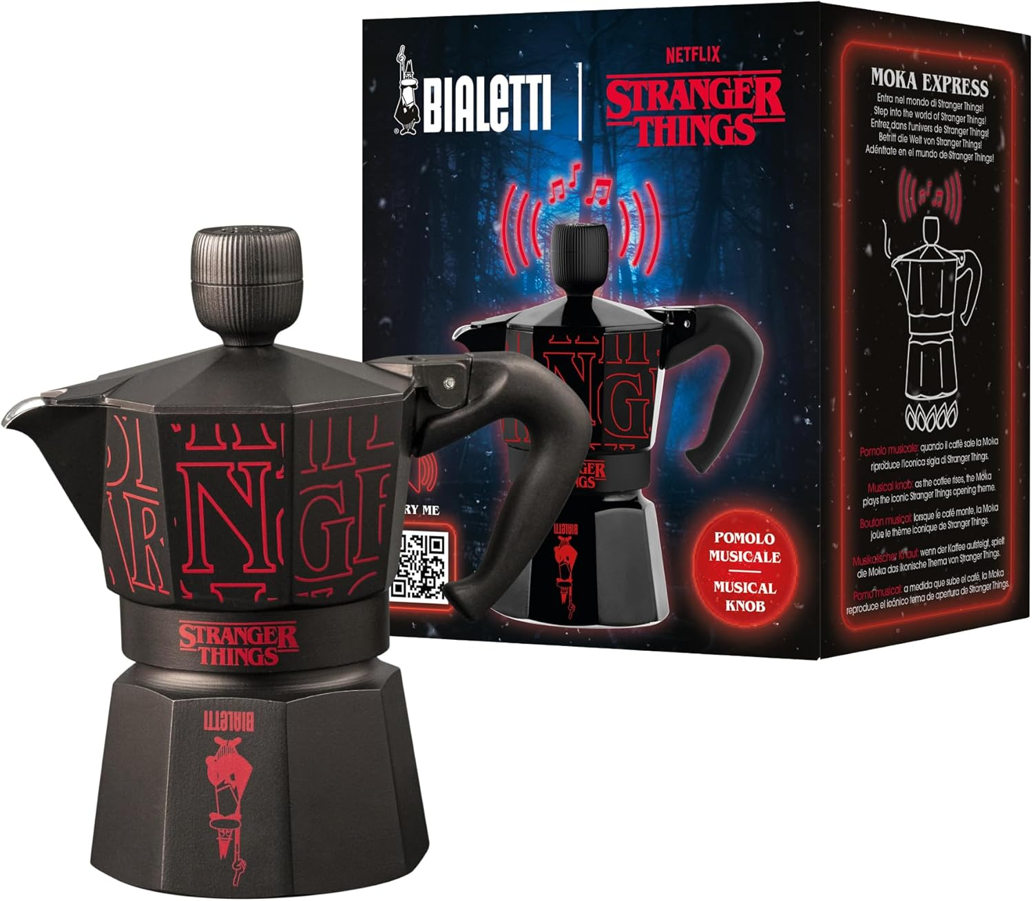Bialetti Moka Express Stranger Things Stovetop Espresso Maker - Musical Knob with USB-C Charging - Not Induction - Plays Theme Tune - Black, 3 Cup Capacity (130 Ml) image number 6