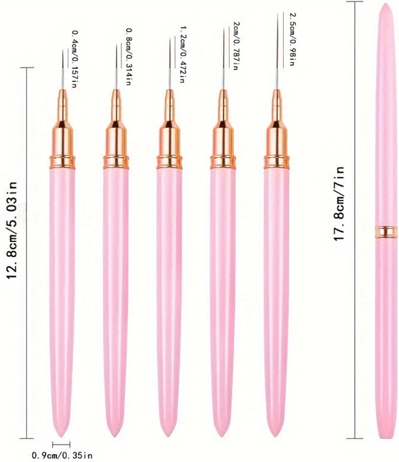 Kalione 5Pcs Metallic Nail Art Brushes Fine Line Nail Art Brush Set, Painting Design Brush Set Dotting Drawing Tool for Long Lines, Thin Details, Fine Drawing Sizes 4/8/12/20/25Mm, Pink image number 4