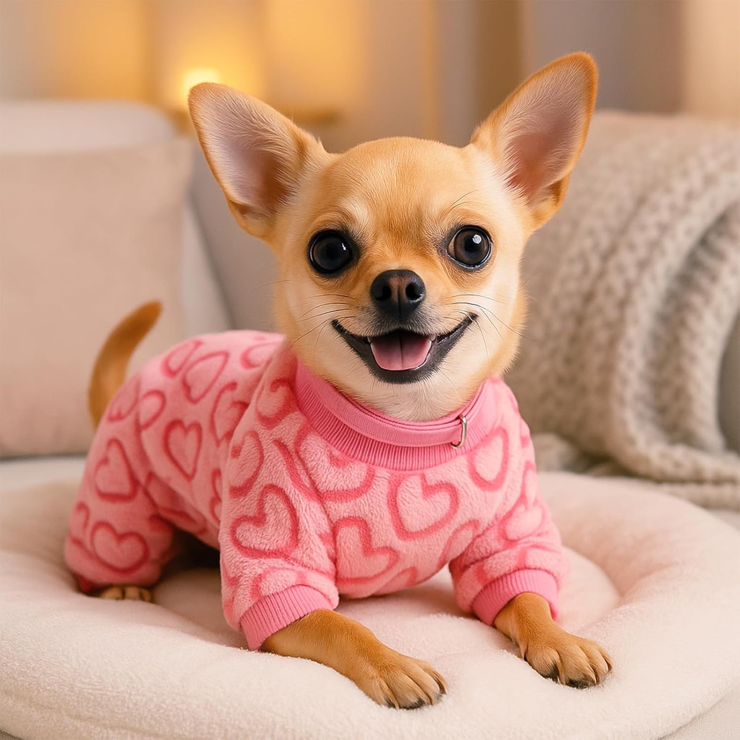 Yoolhamy Dog Pajamas for Small Dogs Cats Fleece Sweater Heart Onesie Clothes Soft Pink Pajamas Romper Four Legged Dog Sleepwear for Puppy Chihuahua Yorkie (Pink Heart, XXL