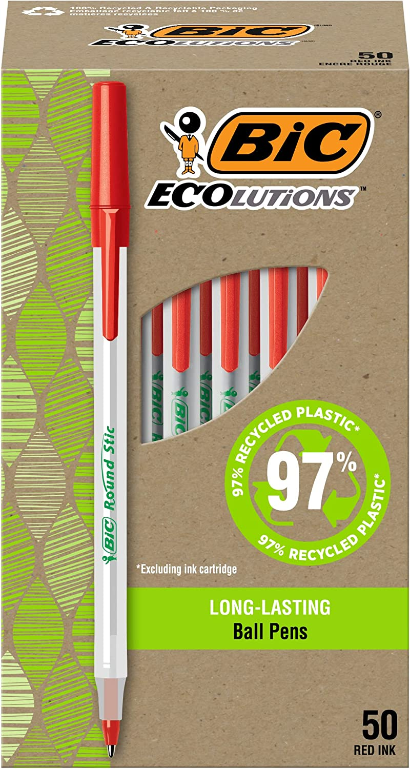 BIC round Stic Ecolutions Ballpoint Pen Medium Point (1.0 Mm) - Red, Box of 50, GSME509 RED