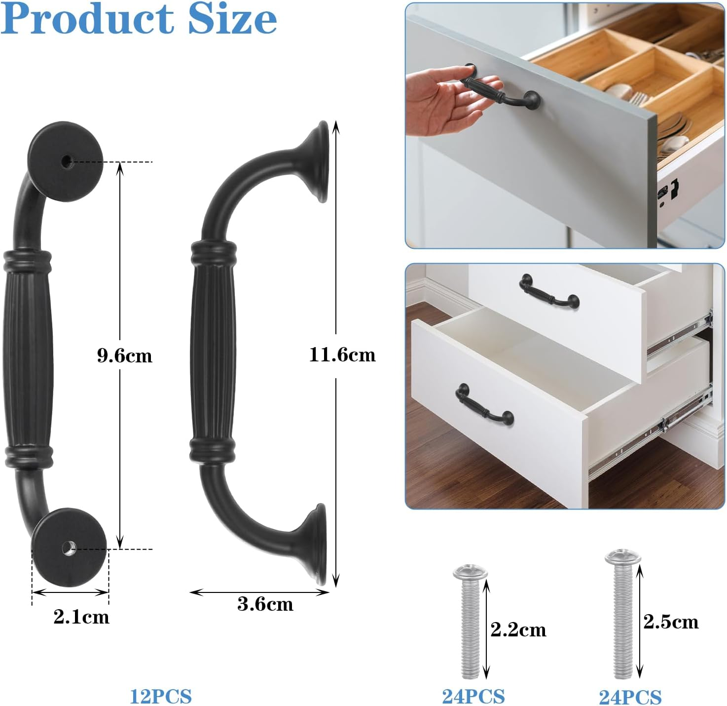 Tsunnee 12PCS Vintage Cabinet Handles, Cupboard Door Handles, European Bow Pulls, Antique Drawer Handles, Furniture Door Pull Handles for Kitchen Bedroom, 96Mm 3.78 Inches Hole Distance, Black