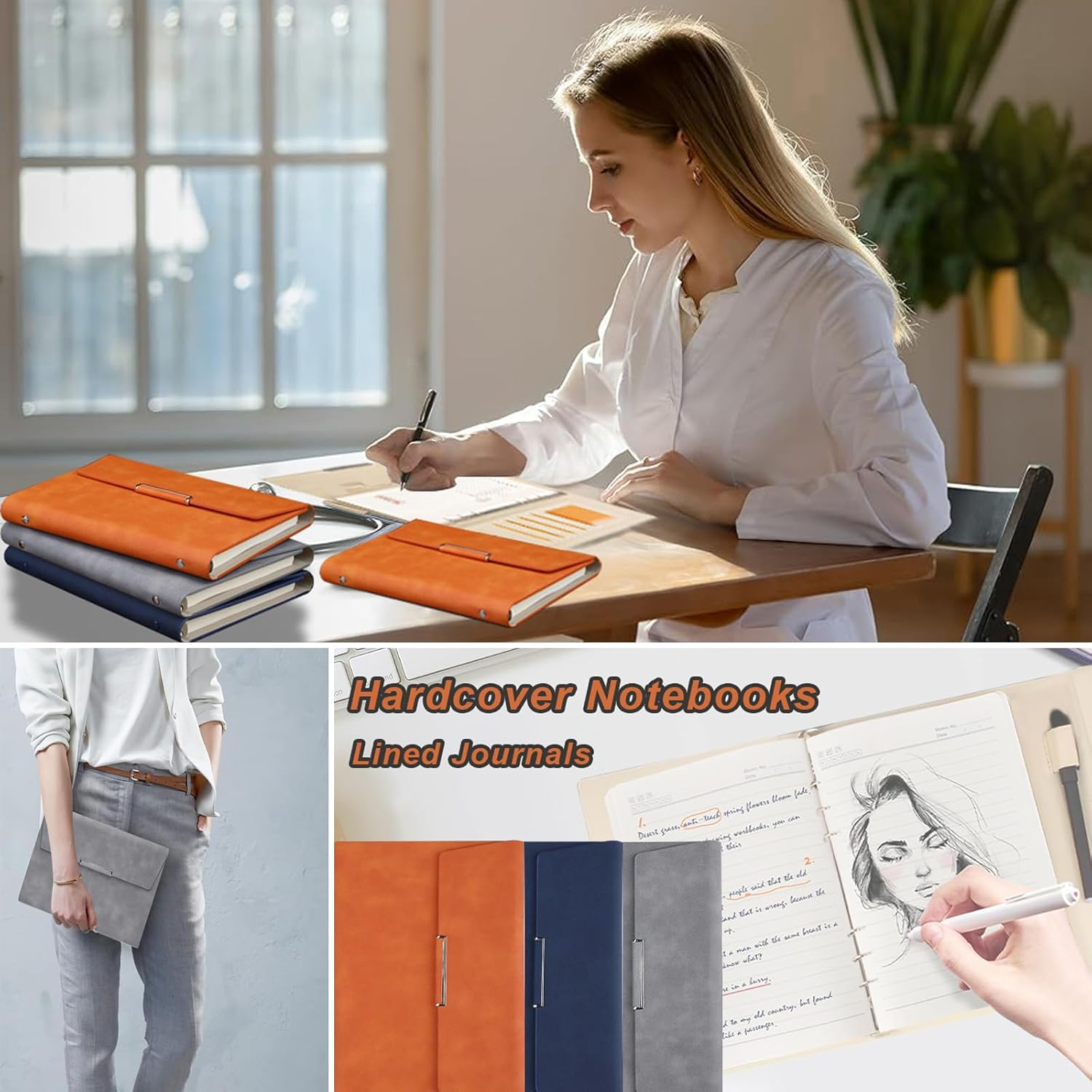 A5 Journal Refillable Lined 200 Pages Paper Handmade PU Journal/Writing Notebook Diary/Bound Daily Notepad for Men & Women Medium, Writing Pad (Gray) image number 5