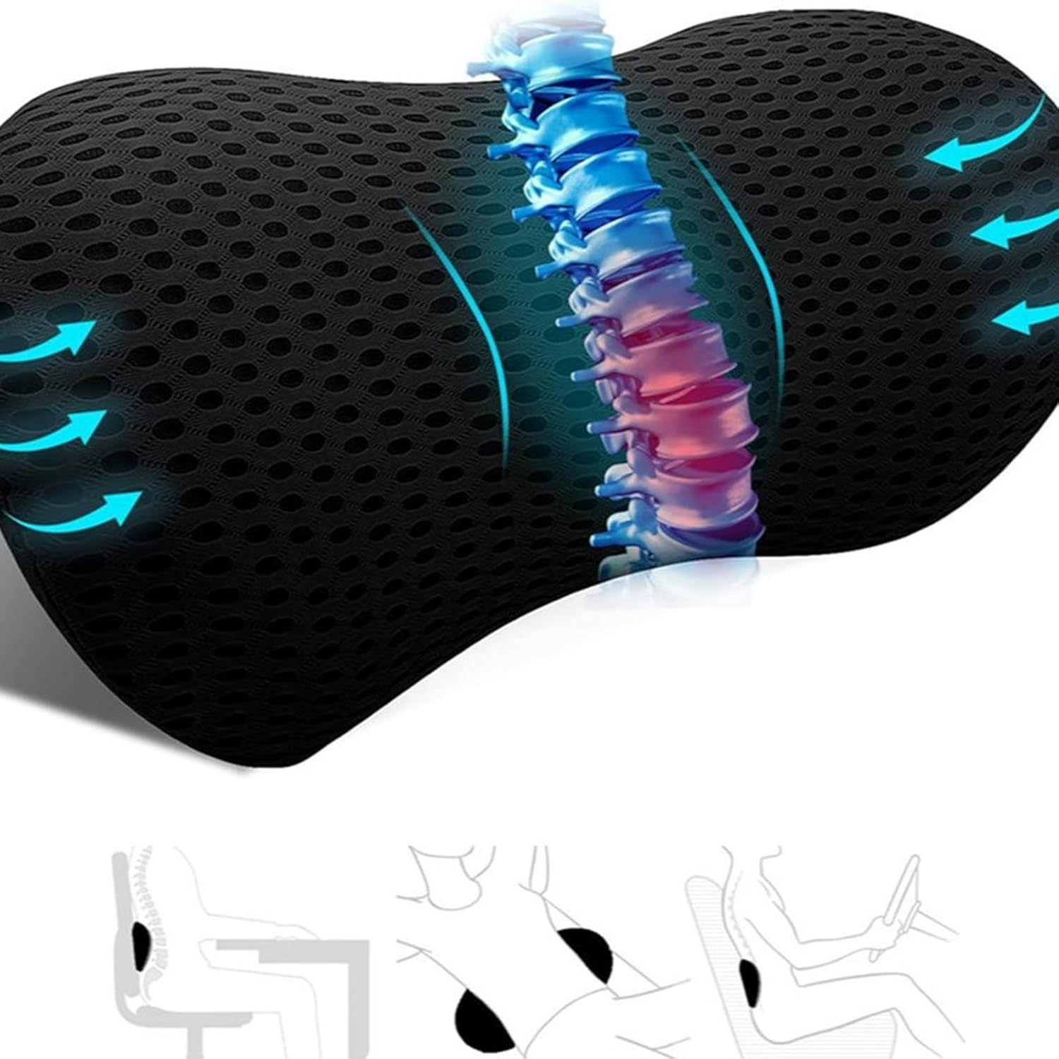 Lumbar Support Pillow - Memory Foam Back Cushion for Lower Back Pain Relief, Ergonomic for Office Chair, Car Seat, Bed - Lower Back Pain Relief for Drivers and Office Workers (Black) image number 1