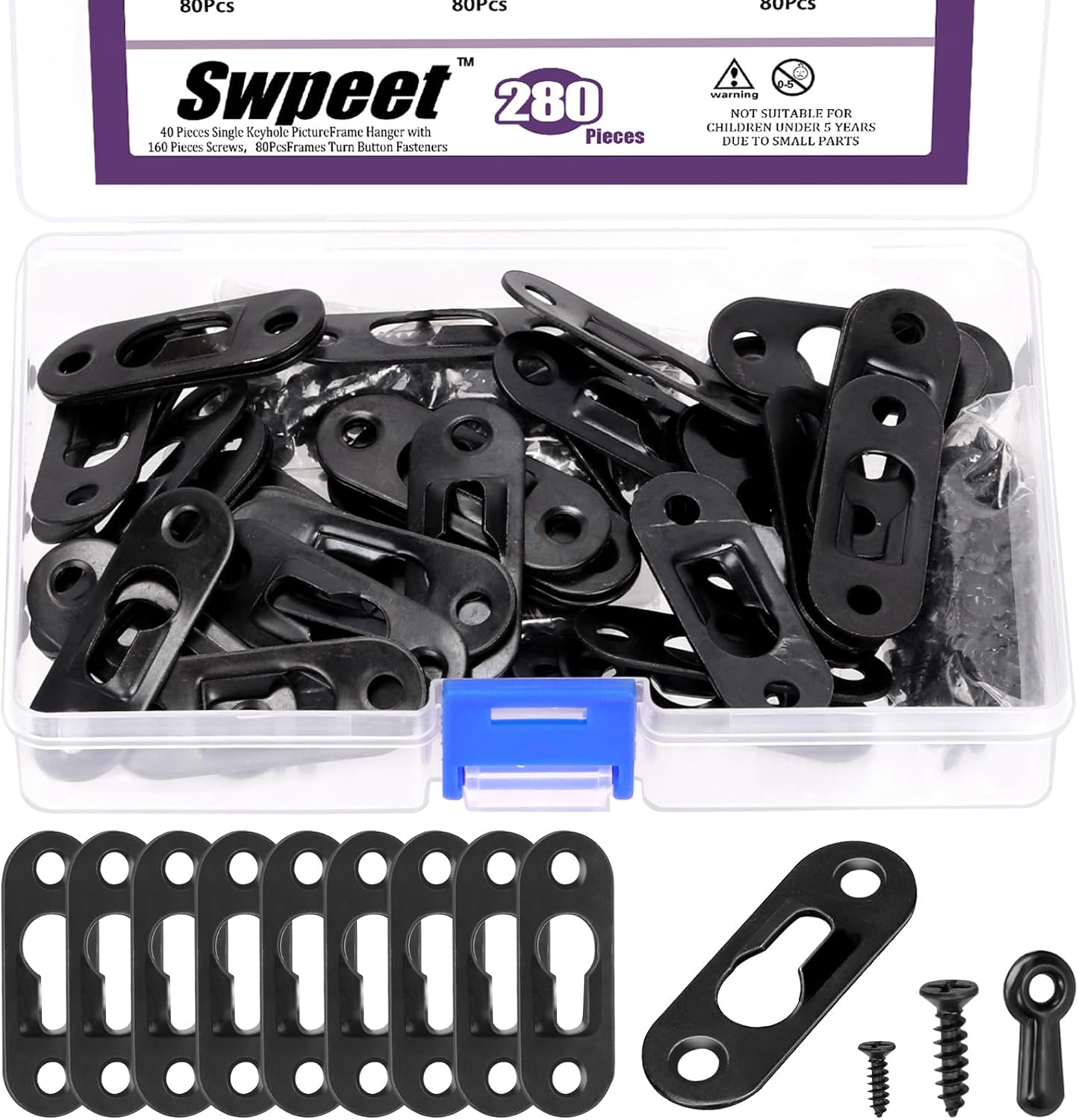 Swpeet 280Pcs 45 X 16Mm Black Carbon Steel Single Keyhole Hangers with Screws and Picture Frame Turn Button Fasteners Assortment Kit, Keyhole Hanging Plate Picture Hanger for Frame, Key, Photo image number 2