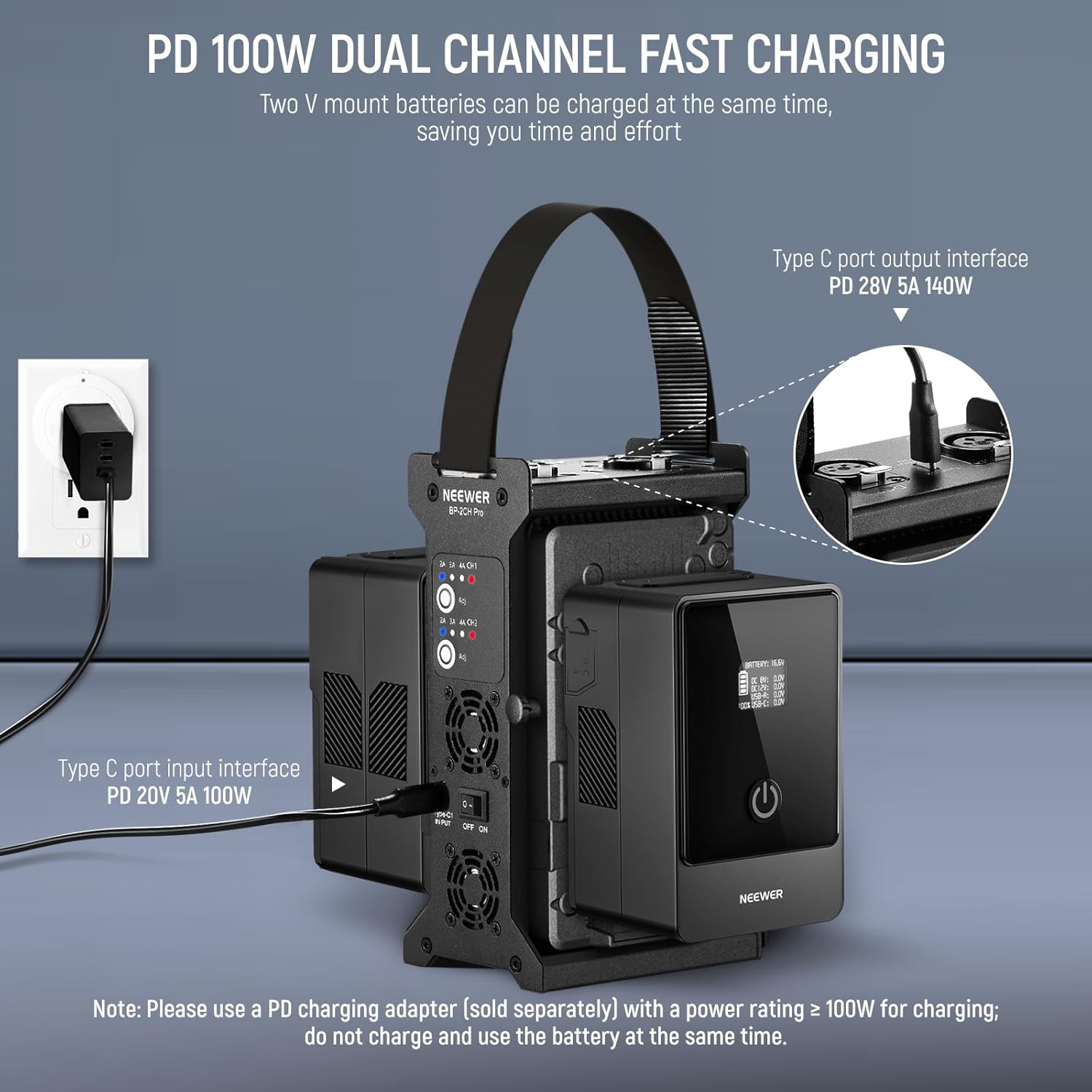 NEEWER V Mount Battery Charger Dual Channel with 100W PD USB C Fast Charging， DC 48V/DC24V/100W PD/D TAP Outputs， Multifunctional Metal Charger Compatible with Smallrig NEEWER PS099E VB99， BP-2CH Pro image number 1