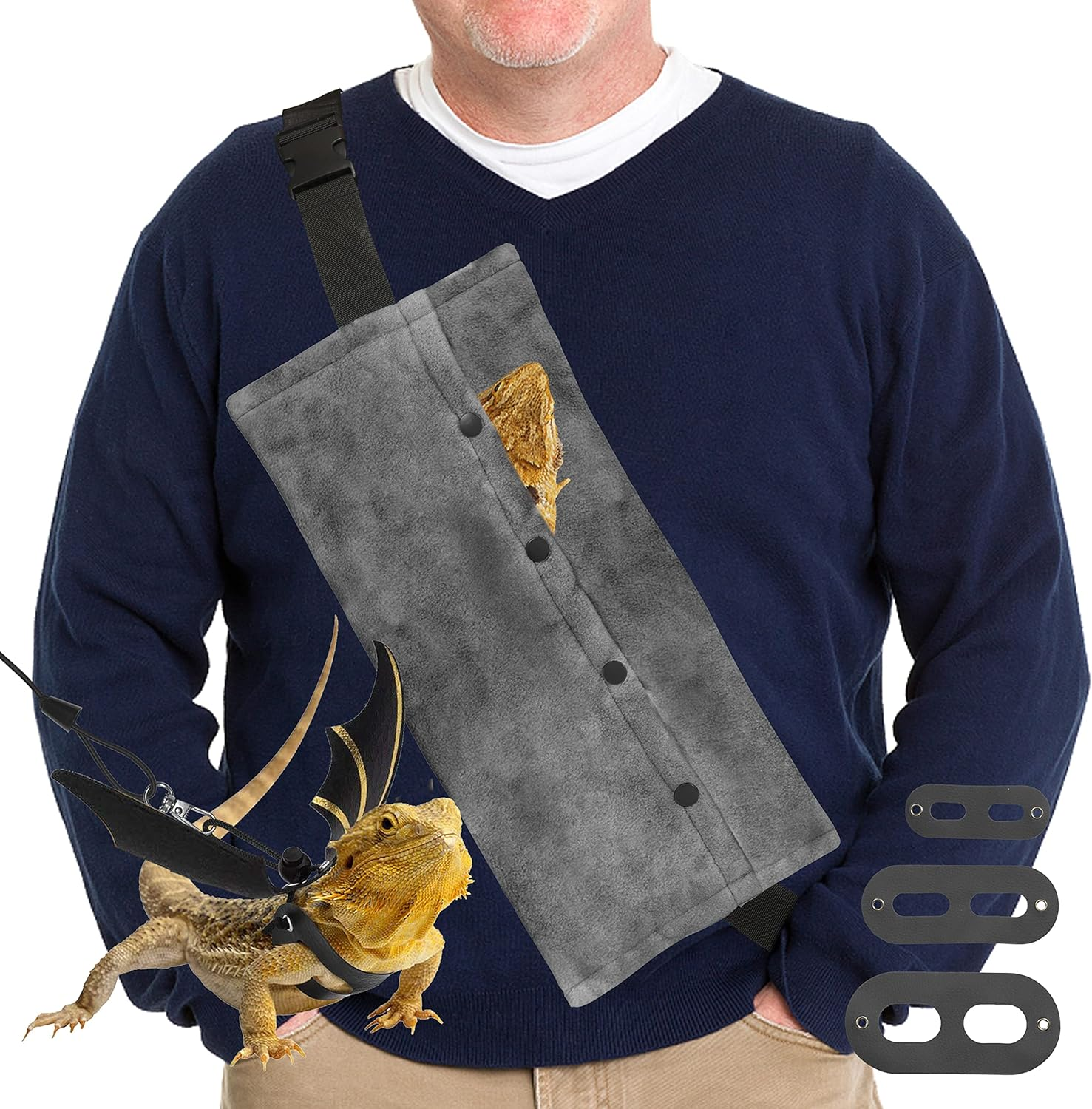 Bearded Dragon Leash and Harness Set, Beardie Carrier, Lizard Adjustable Harness with Leather Wings and Sling Bag, Reptile Small Pet Backpack Batwing Accessories (Leopard Pattern)