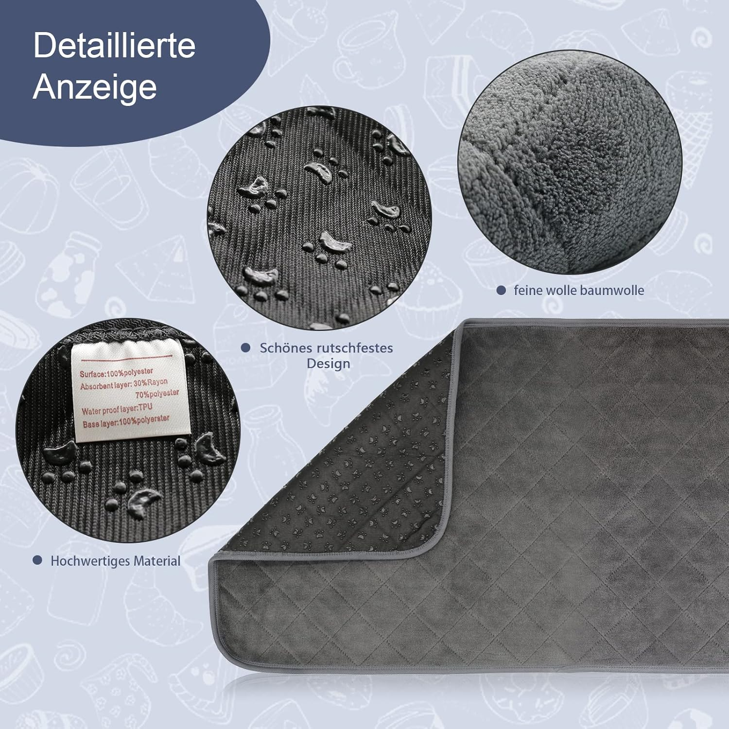 RANYPET Pack of 2 PIPI Pad for Guinea Pig Cage, Highly Absorbent, Reusable and Washable Fleece Training Pads for Pets with Waterproof Backing for Small Animals, L, Grey