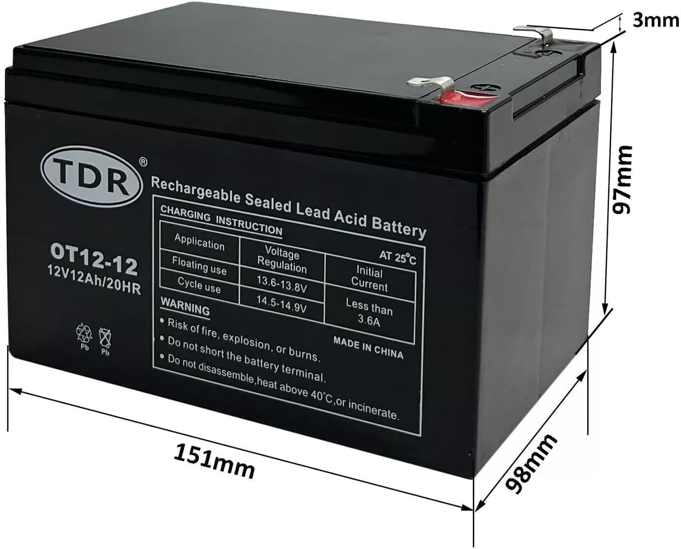 TDR OT12-12 12V 12Ah Gel Battery image number 3
