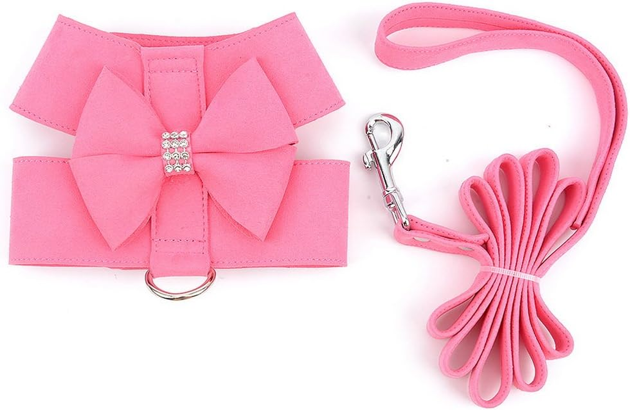 SELMAI Small Pet Dog Cat Bling Rhinestone Harness and Leash Set Bowknot Soft Ultra Suede Leather, Adjustable/No Pull Pink M image number 1