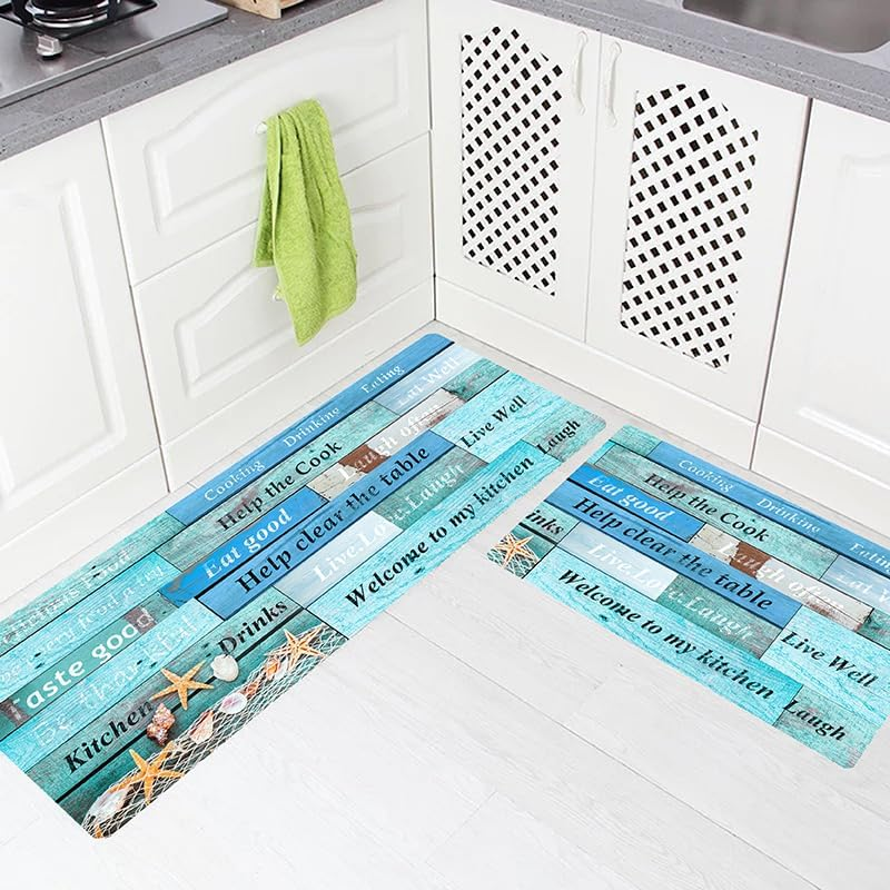 PCSWEET HOME Beach Wood Kitchen Rugs and Mats, Kitchen Floor Mat Non-Slip, 2 Piece Kitchen Rugs Set,Kitchen Mats for Floor, Boho Kitchen Runner Rug (Lake Blue, 50Cm X 80Cm + 50Cm X 120Cm)