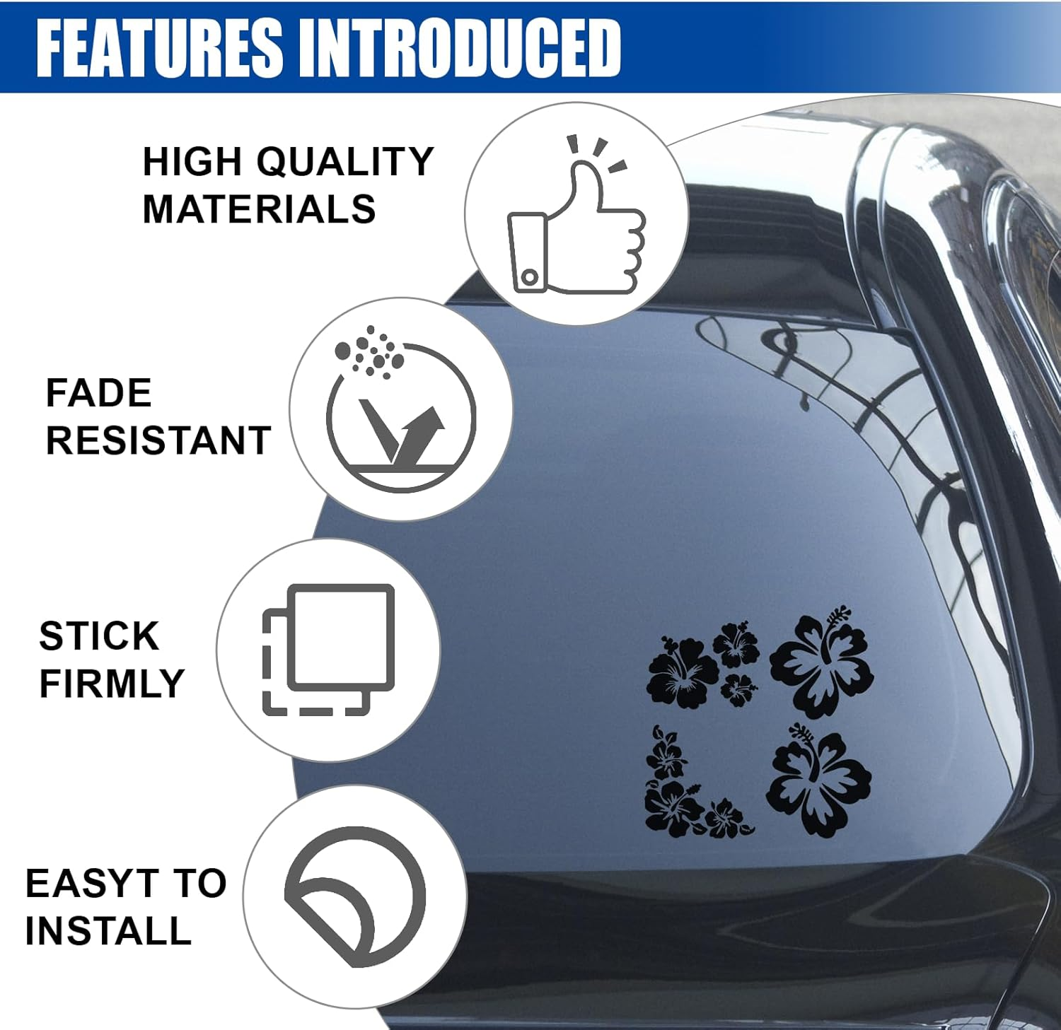 Hawaiian Hibiscus Flower Car Decal Sticker, Waterproof PET Decal, Car Bumper Sticker, Automotive Exterior Decoration Sticker Decal for Car, Truck, SUV, Door, Wall, Laptop (Black, 5.82&rdquo;&times;5.39&rdquo;) image number 3