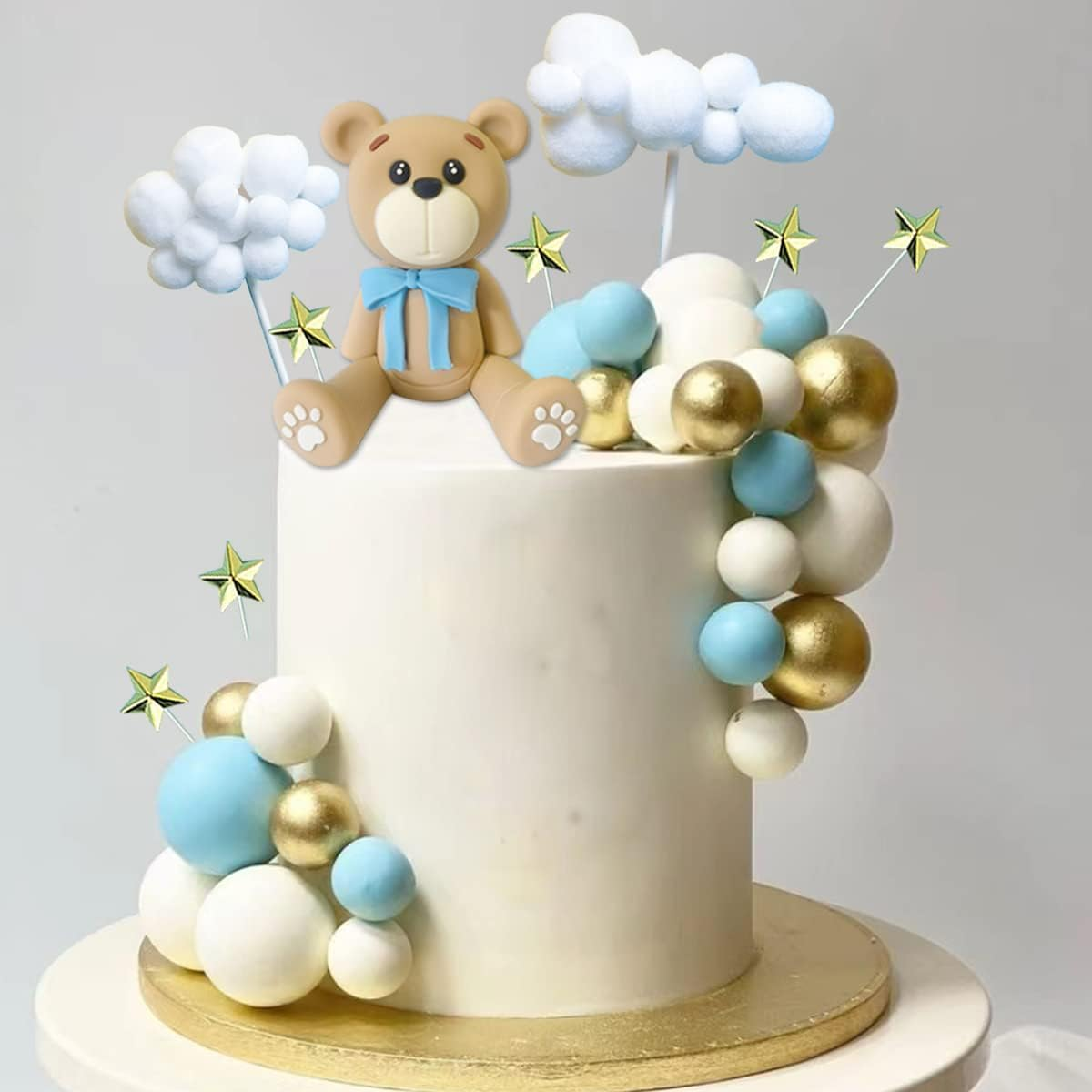 33 PCS Bear Cake Toppers Bear Balls Cake Decorations with Stars Clouds Cake Toppers for Boy Girl Baby Shower Birthday Party Decorations (Blue Ball Bear) - Pastel image number 5