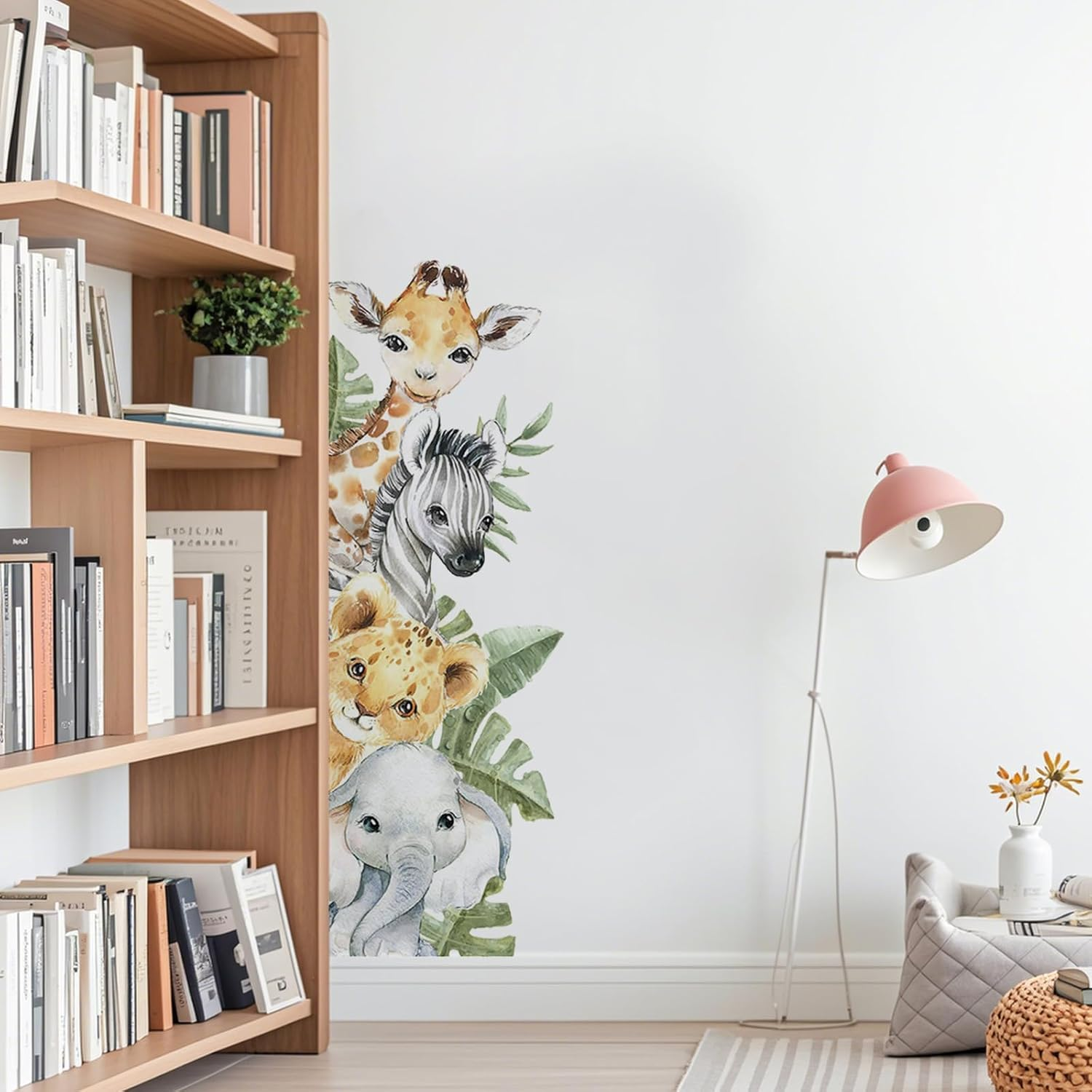 Jungle Animal Wall Stickers Wall Decals Cartoon Animal Giraffe Elephant Zebra Lion Safari Green Leaves Wall Decals for Kids Baby Nursery Bedroom Kindergarten Playroom image number 3
