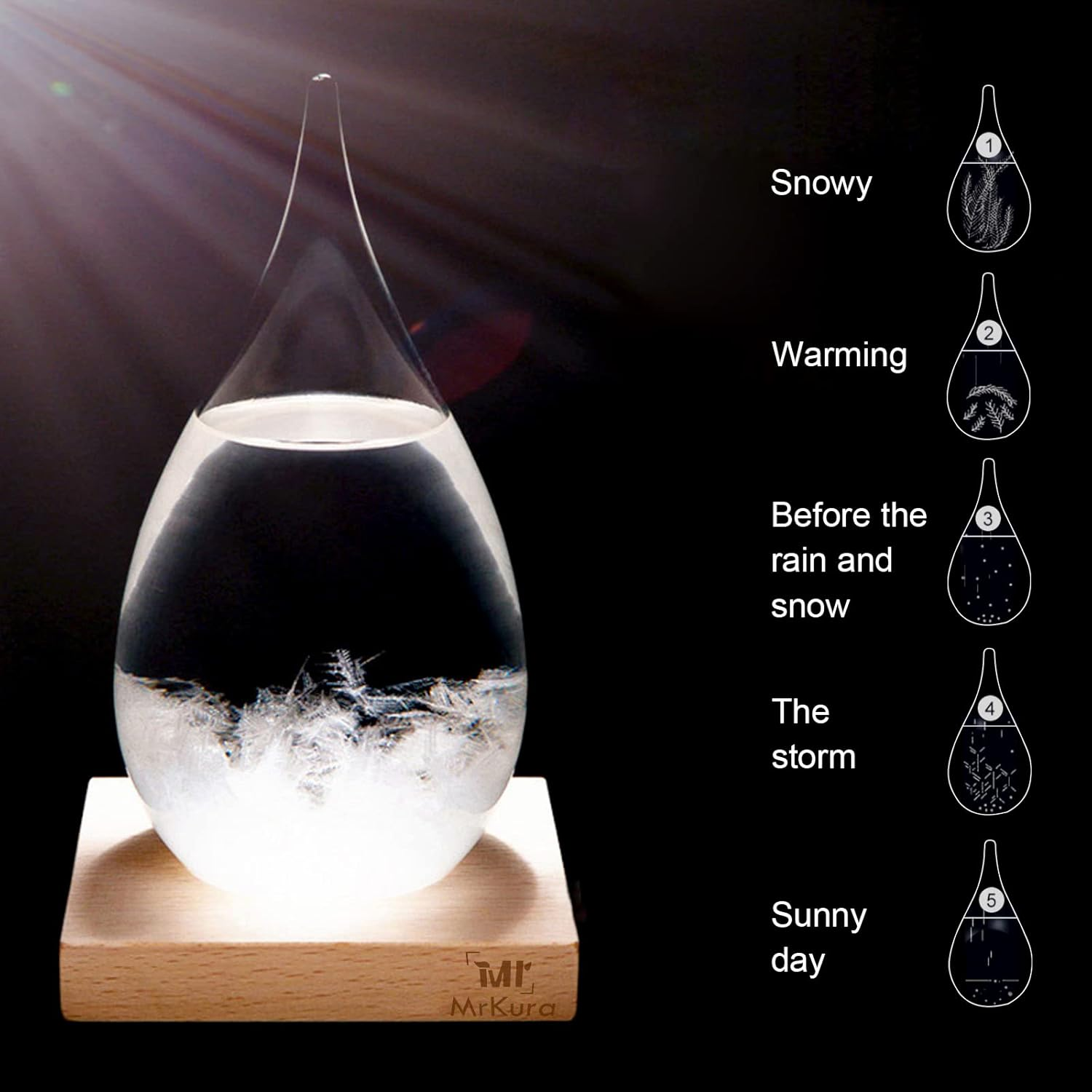 Mrmrkura Transparent Storm Glass Weather Forecast Bottle High Class Drop Shaped Decoration with Wood Base Christmas Decoration for Home and Office Desktop Christmas Gift, Small image number 5