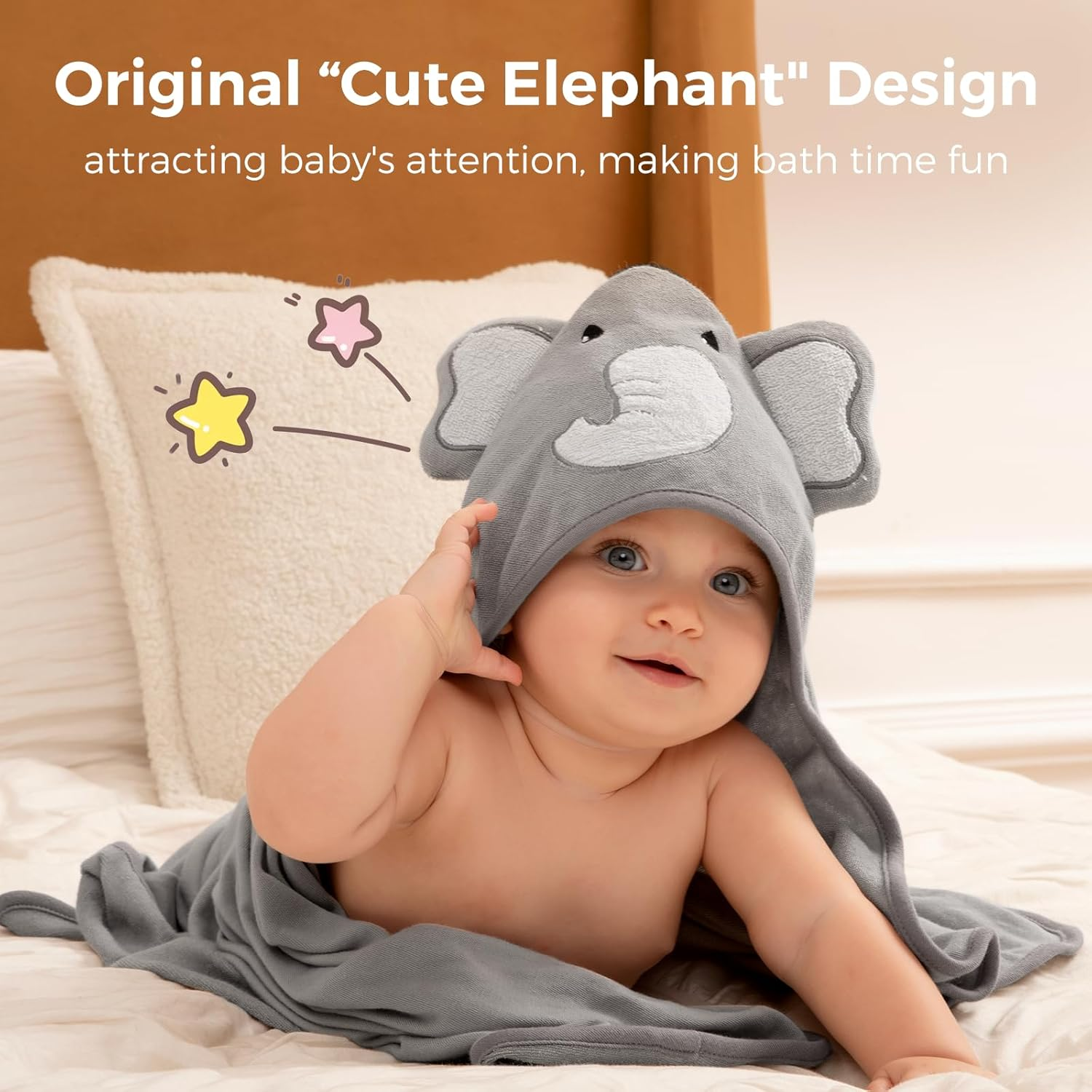 Momcozy Cute Elephant Hooded Baby Towel- 8 Piece Bath Essential, 2 X Towels and 6 X Wash Cloth Set- for Boys or Girls - Soft and Comfort for Newborn, Infant and Toddler