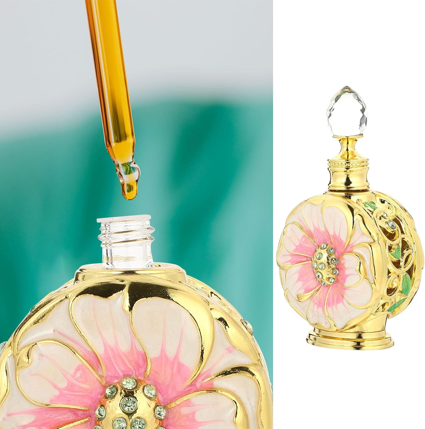 BCOATH 12Ml Pink Rose Shaped Glass Essential Oil Bottle Cosmetic Perfume Dispenser Refillable Storage Container for Personal Care and Travel Use image number 3