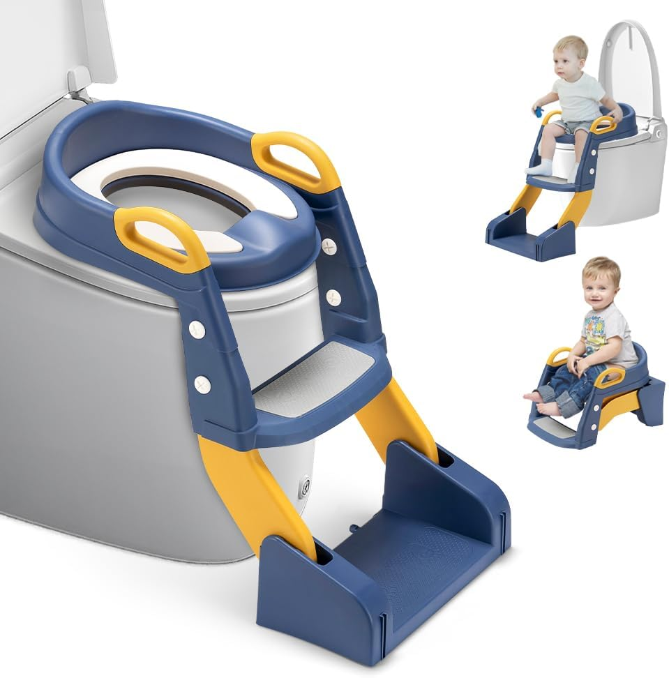 Playpals Potty Training Seat with Step Stool Ladder, 2 in 1 Potty Training Toilet with Urinals, Toddler Toilet Seat for Kids Boys Girls, Splash Guard Anti-Slip Pad Step Stool - Blue