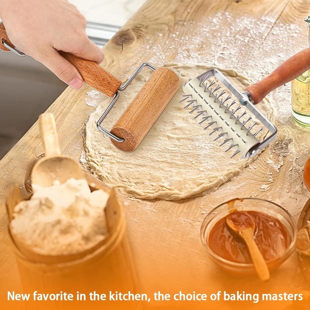 Dough Roller & Dough Docker,Baking Roller Pin Set,Hole Maker Puncher Rolling Pin Set,Baking Tools,Dough Cutter and Pin,For Pizza, Cookie, Pie, Pastry, Bread, Crust image number 2
