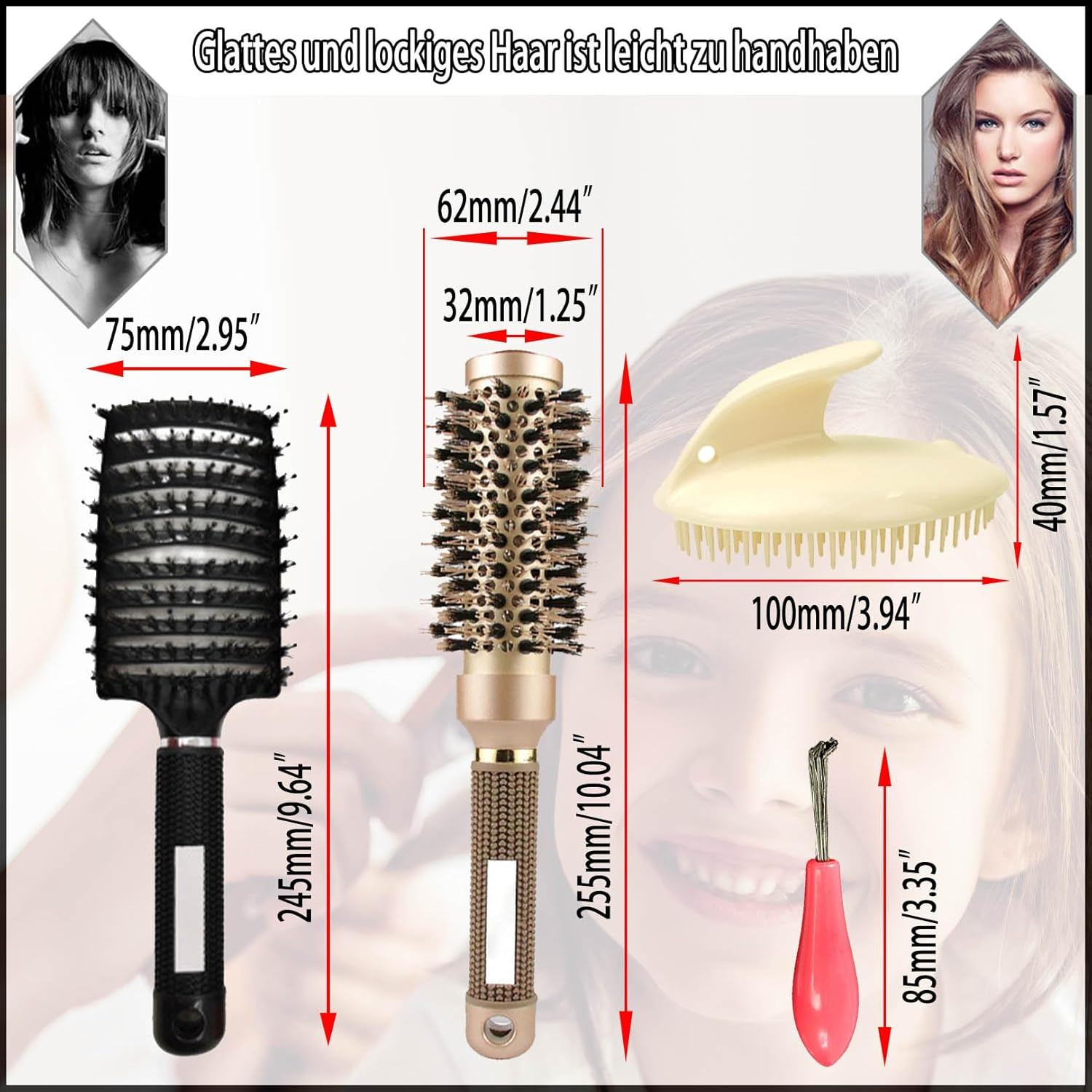 Hair Brush without Pulling, Men, Women, round Brush, Wild Boar Bristles, Detangler Brush, Long Hair for Curls, Thickness, Detangling Brush Set Including round Hair Brush, Paddle Brush, Brush Cleaner, Shampoo Brush image number 3