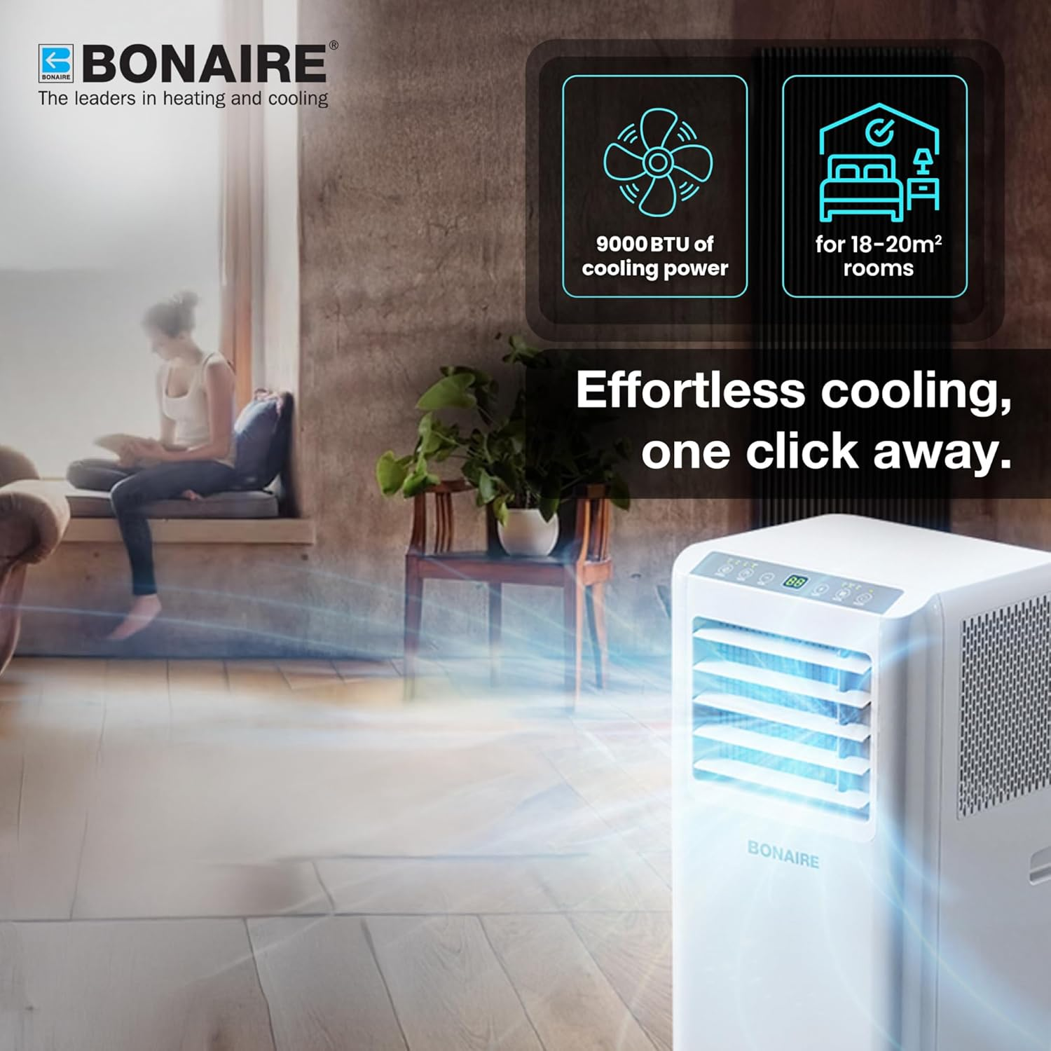 Bonaire 2.6Kw Portable Air Conditioner 9000 BTU Cooling | Remote Control | Dehumidifier | Touch Panel | R290 | Suits Rooms up to 18M&sup2; | 2 Year Warranty