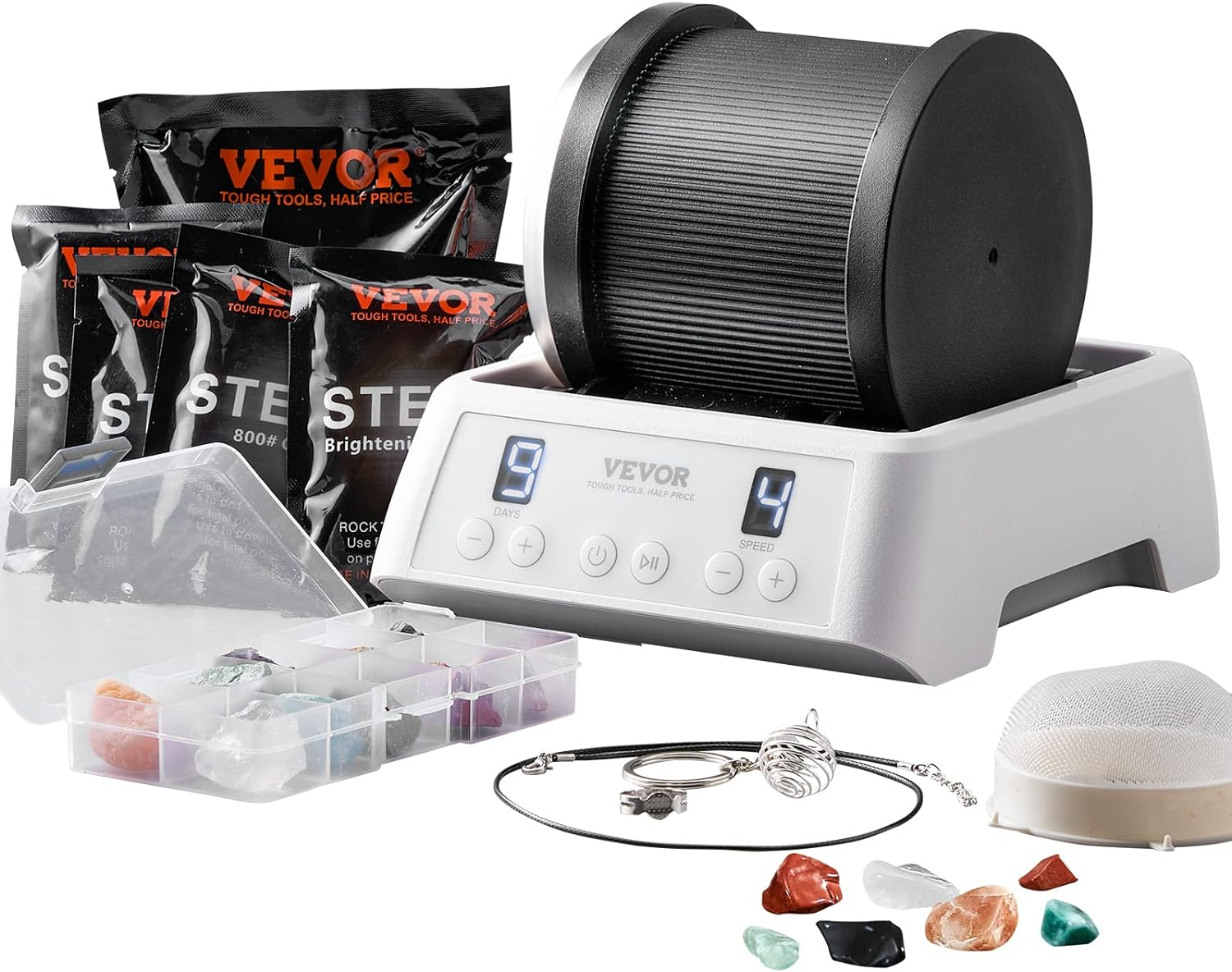 VEVOR Direct Drive Rock Tumbler Kit, 4-Speed/9-Day Timer, Professional Rock Polisher with Rough Gemstones/Grits/Jewelry Fastenings, Stone Polishing Kit for Family Fun Time, STEM Adults Kids