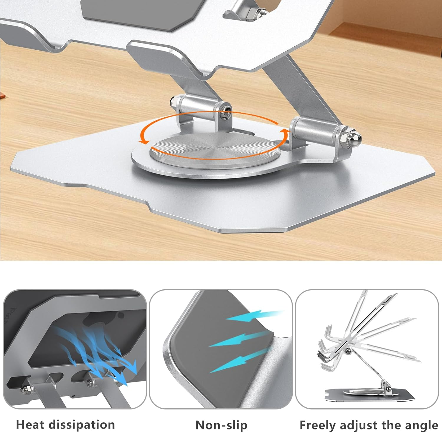 Bighan Tablet Stand, 360&deg; Adjustable Aluminum Ipad Stand Holder Foldable Fits Ipad Stand for Desk Rotating Portable Monitor Stand for Tablets PS Mobilephones Other 4.7"-12.9" Device, Silver image number 1