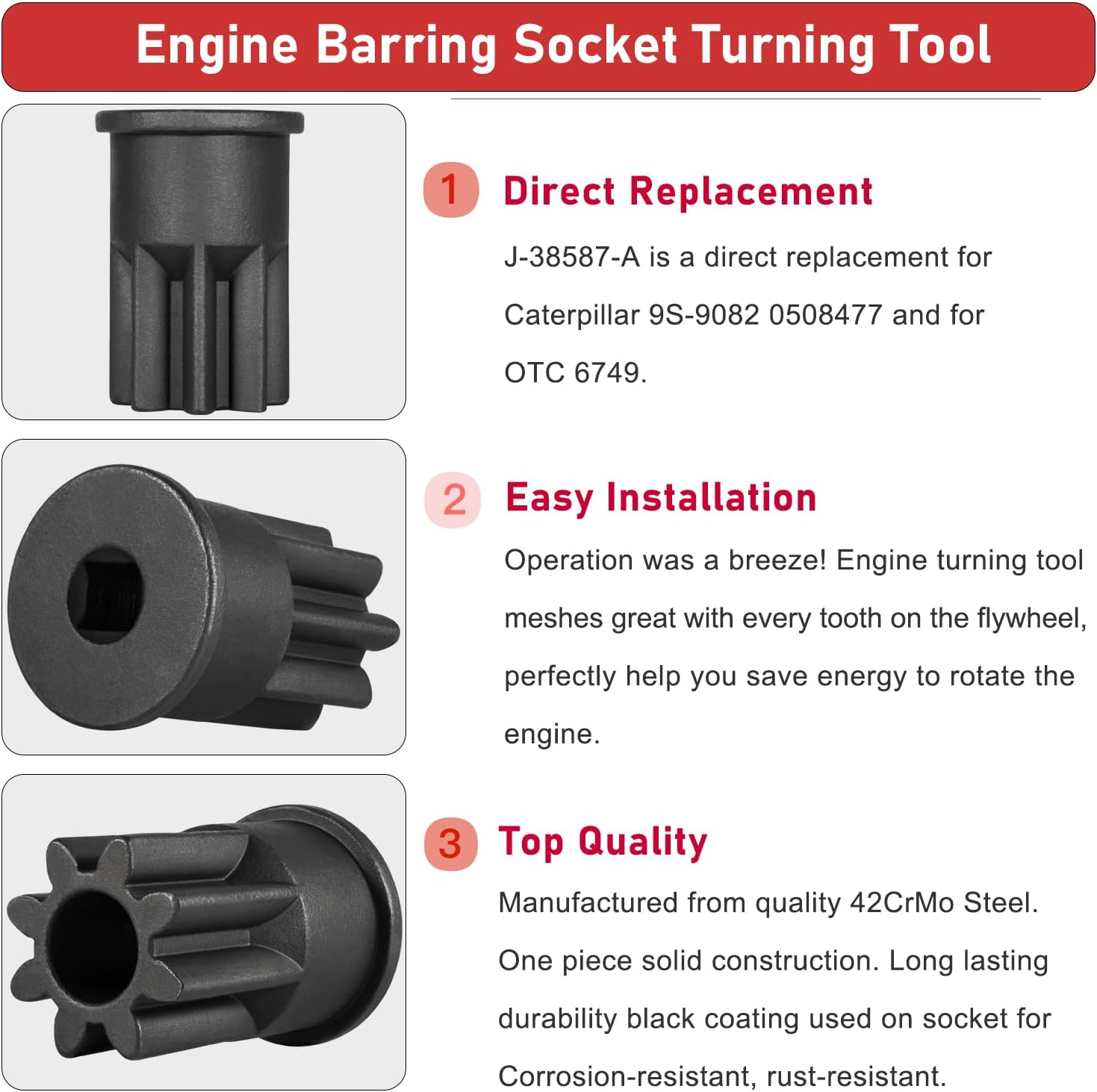 Camoo for Caterpillar J 42083 Automatic Timing Pin & 9U-7227 Injector Height Adjustment Gauge Tool & Engine Barring Socket Fits CAT 3406E, C-15 and C-16 image number 2