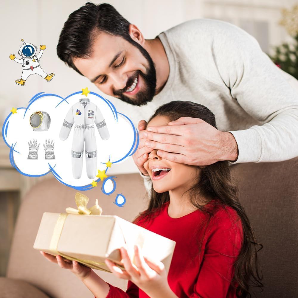 AUTOWT Astronaut Costume Set for Kids, 3 PCS Zippered Space Jumpsuit, White Pilot Spacesuit Breathable Astronaut Dress up Clothes with Space NASA Hat Gloves for Boys Girls Aged 3 4 5 6 7 8