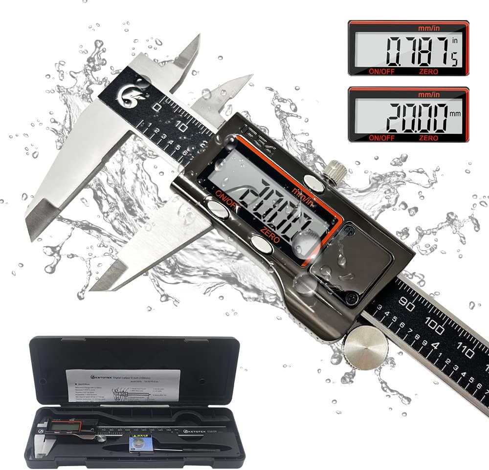 KETOTEK Digital Caliper Measuring Tool, IP54 Waterproof Stainless Steel Electronic Vernier Caliper 6 Inch/150Mm Digital Micrometer with Large LCD Screen image number 2