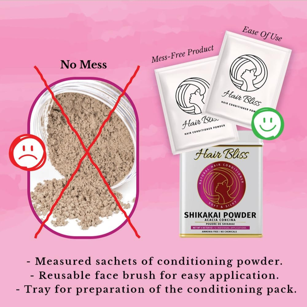 Hair Bliss- Natural Shikakai Acacia Herbal Hair & Skin Conditioning Powder- 12 Individual Sachets (10 Gm Each)- Reusable Brush & Tray Included- anti Frizz Shiny Hair & Smoother Skin by Pride of India - Natural Aloevera Powder image number 3