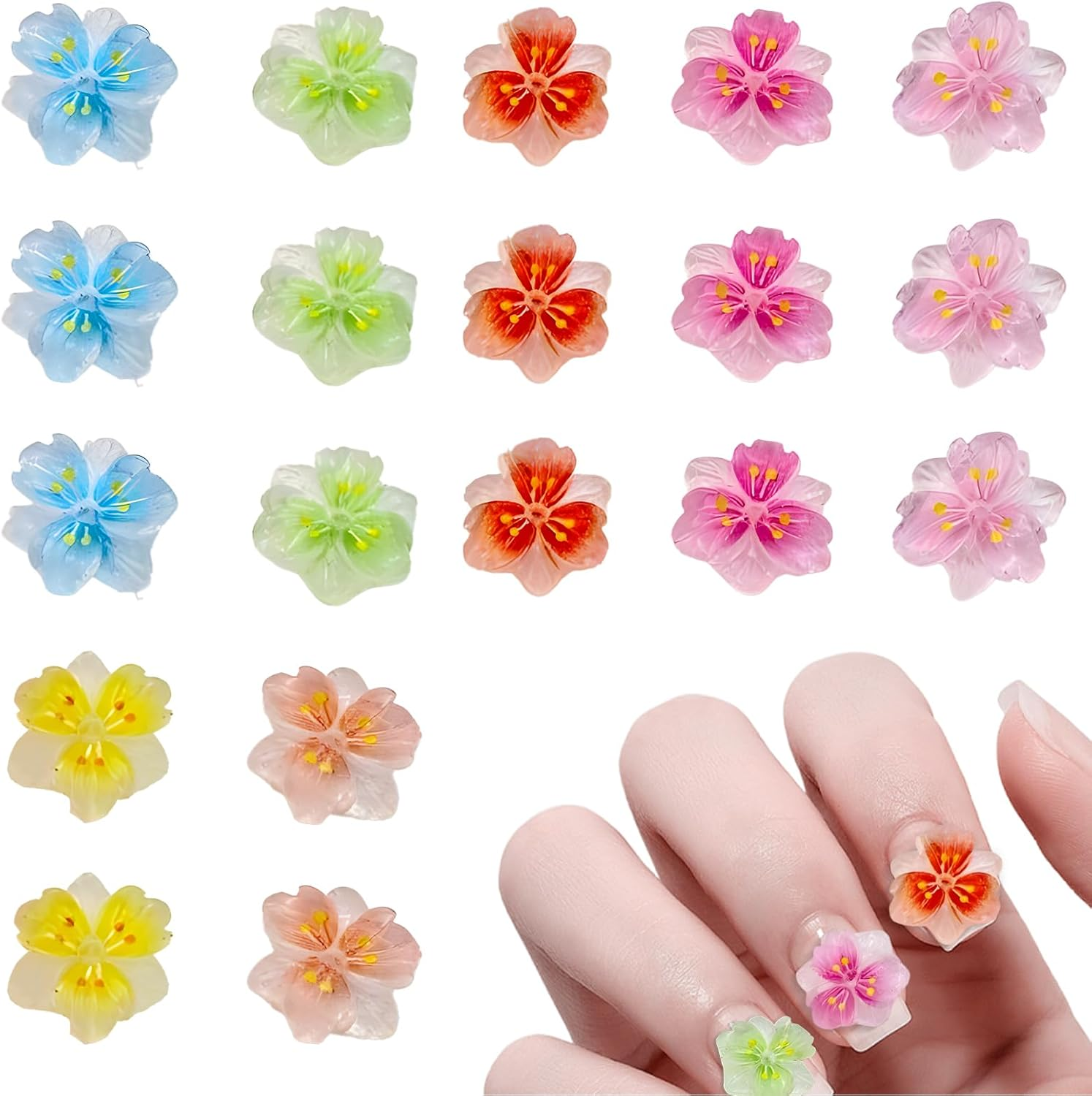 Huoflame 3D Flower Nail Charms - Ice Translucent Pack of 50 Resin Nail Decoration - Colourful Five-Leaf Charms for Nails DIY Nail Design, Glitter Rhinestone Nail Art for Gel X Nail Tips and Charm image number 4