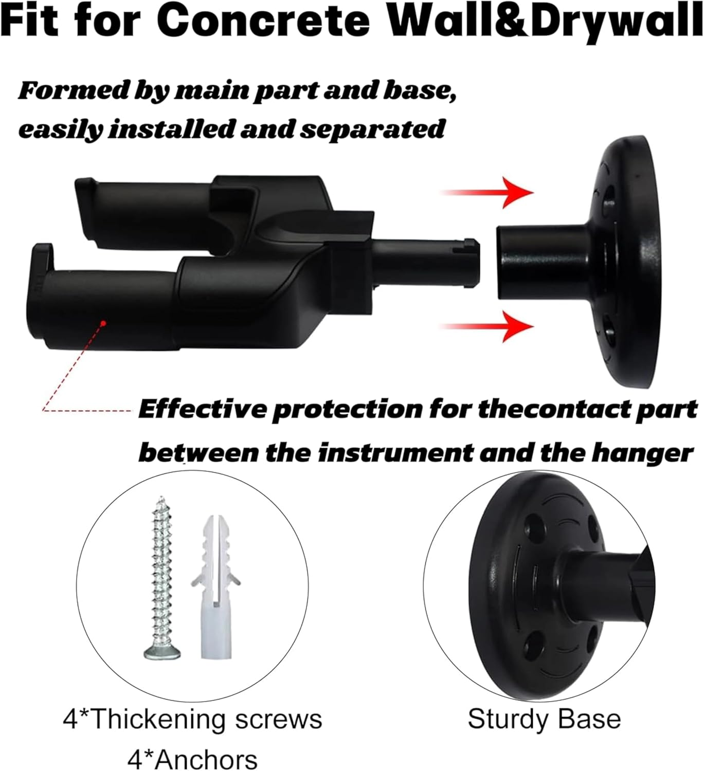2 Pack Guitar Wall Stands, Universal Guitar Hanger, Auto Lock U-Shaped Guitar Wall Hanger, ABS Plastic, Black, Modern Style, 4 Hooks, Wall Mount, Concrete, Wood image number 1