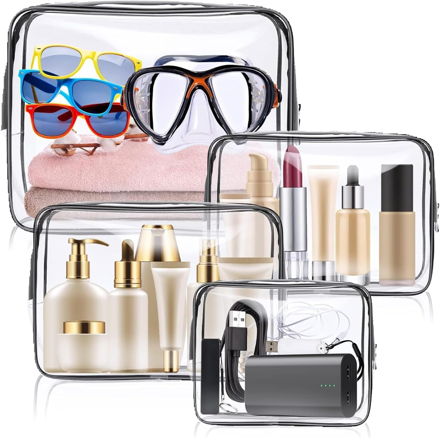 4 Pack Clear Waterproof Toiletry Bags with Zippers for Travel, Beach Vacation & Bathroom (Black) image number 4