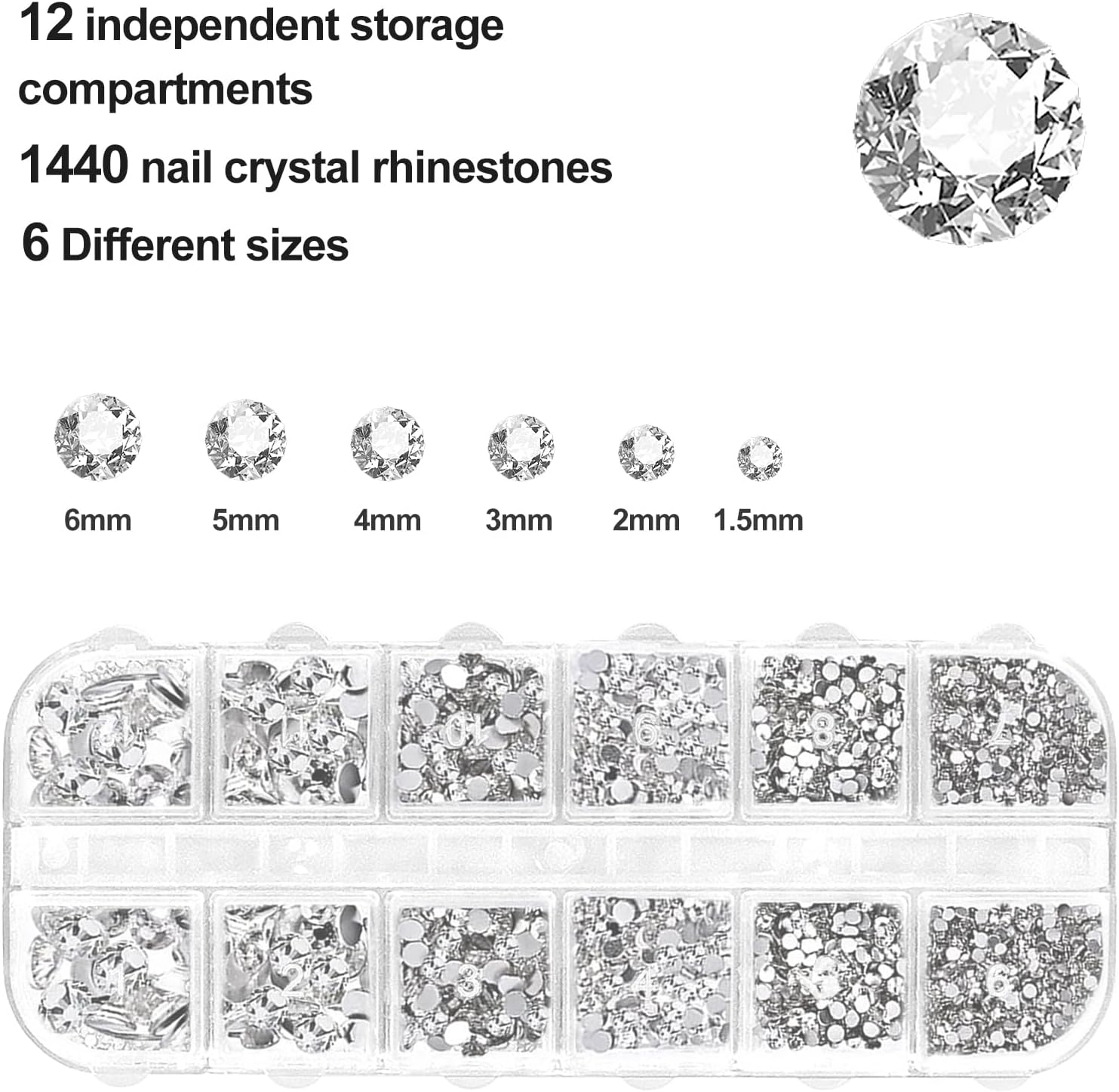 Sularpek Sularpek 1440 Pcs Rhinestones, Nail Gems, Flat Back Gems, Crystal Nail Art Rhinestones, with Pick up Tweezers and Rhinestone Picker Dotting Pen, Nail Art Tools for Crafts Nail and Face image number 3