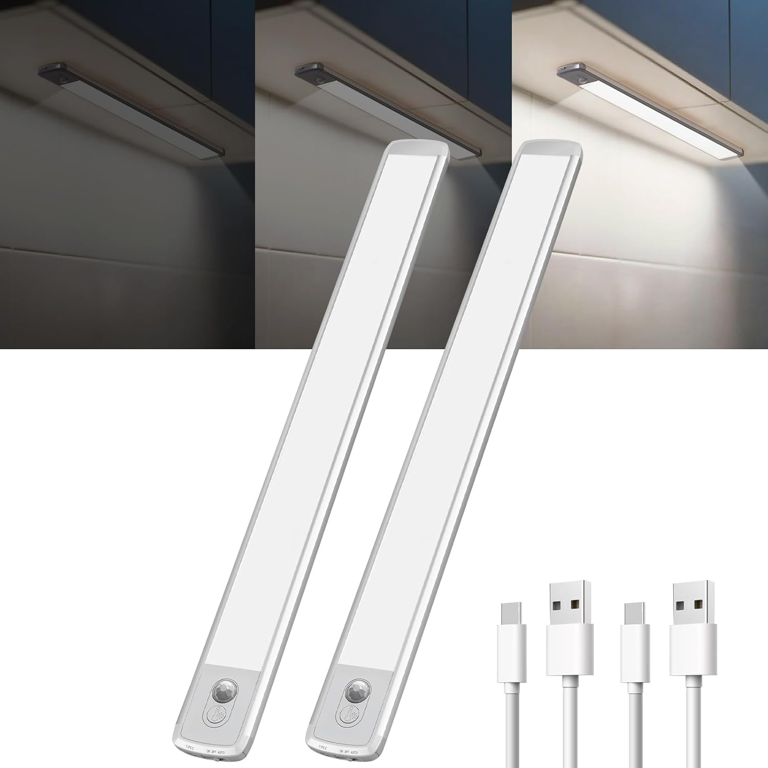 TANSOOL+ Cabinet Lighting LED Lamp with Motion Sensor Indoor - USB-C Cabinet Light Under-Unit Light Kitchen Light Dimmable for Kitchen, Stairs, Cupboard - 40 Cm, Pack of 2 image number 3