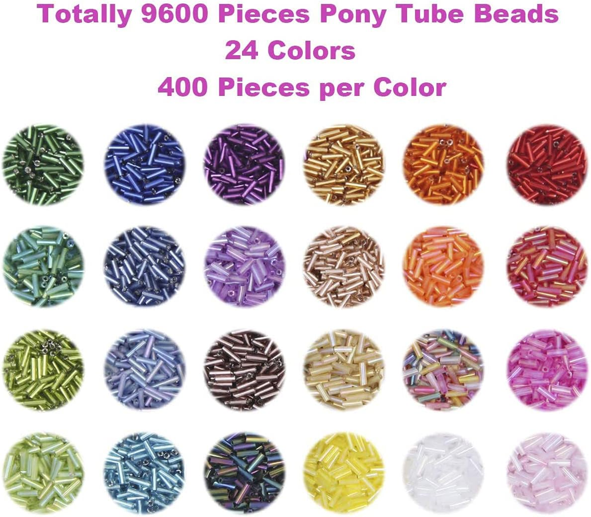 ZIENVE 9600Pcs Pony Tube Beads Kit, 24 Grids 6.5Mm Bugle Glass Seed Beads Craft Beads for Bracelet Necklaces Jewelry Making DIY Crafting Supplies with Crystal String and Beading Needles image number 1