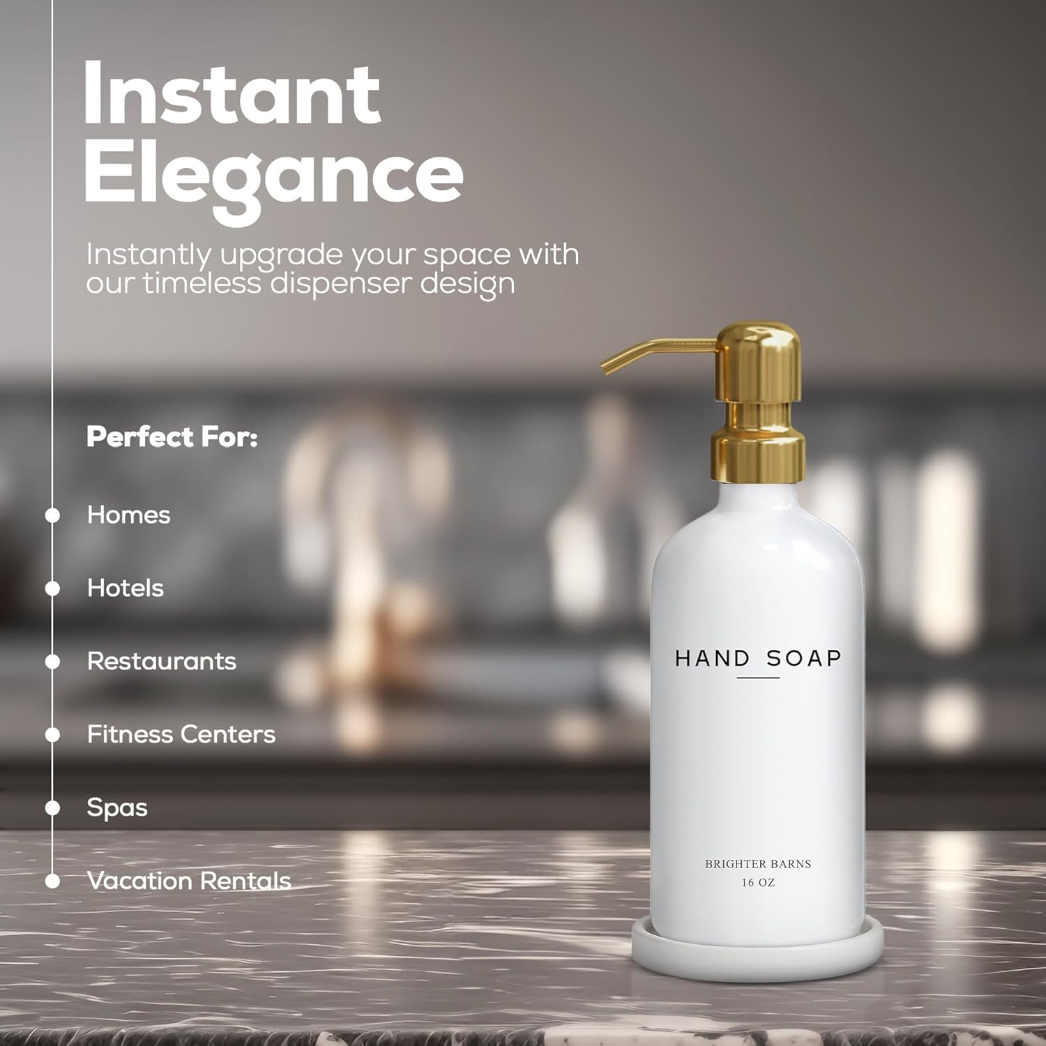 Luxury Glass Hand Soap Dispenser Bathroom Set by Brighter Barns - Hand Soap Dispenser with Stainless Steel Pump - Glass Bottle with round Tray - White and Gold Bathroom Decor & Accessories (Gold) - Dish Soap (Amber) image number 6