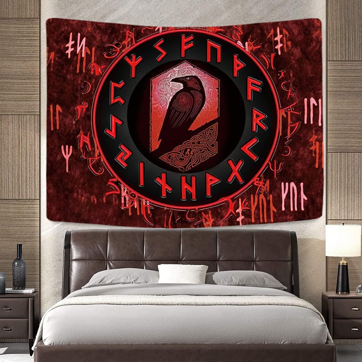 ST Soleme.Tc Norse Viking Tapestry for Bedroom Aesthetic Red Wall Hanging Raven Meditation Runes Nordic Pagan Tapestry Wall Art for Men Room Home Decor 59"X51" image number 6