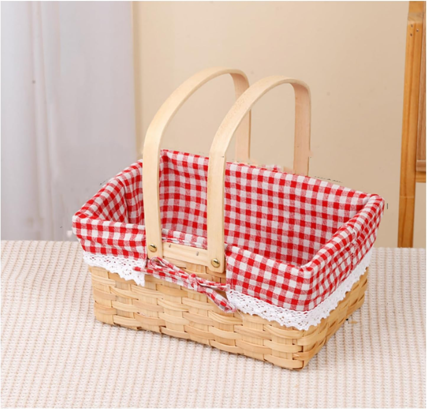 Wicker Basket with Handle, Picnic Basket Rectangular Picnic Basket with Double Folding Handles, Storage Basket, Flower Girl Basket for Decor (Red)