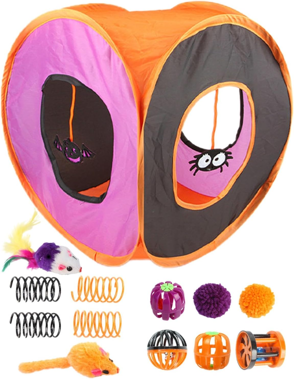 Indoor Cat Toys, Cute Interactive Cat Tunnel, Interactive Feather Ball Spring Toys Cat Cube, Halloween Folding Square Tunnel for Cats and Kitty