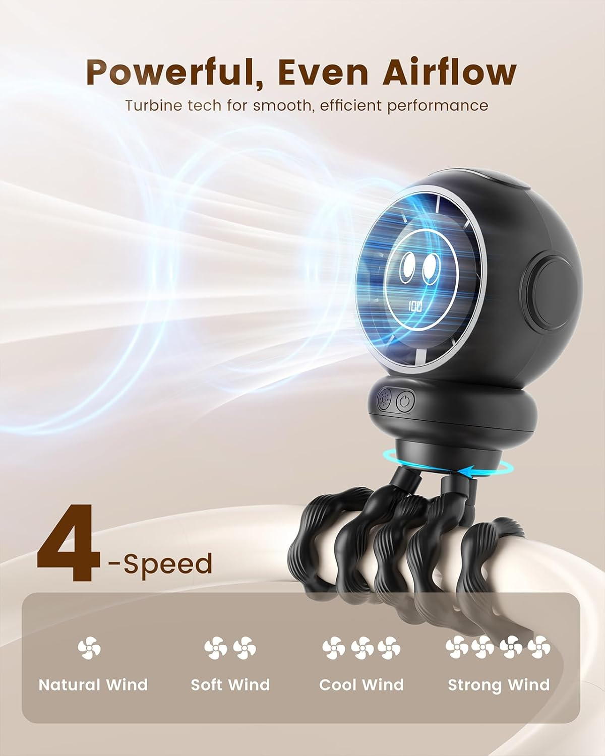 Pram Fan - 4 Speeds Portable Stroller Fans, USB Rechargeable Mini Personal Fan with LED Display, 4000Mah Flexible Tripod Clip on Fan for Desk, Travel, Car Seat, Bike, Camping and Office image number 1