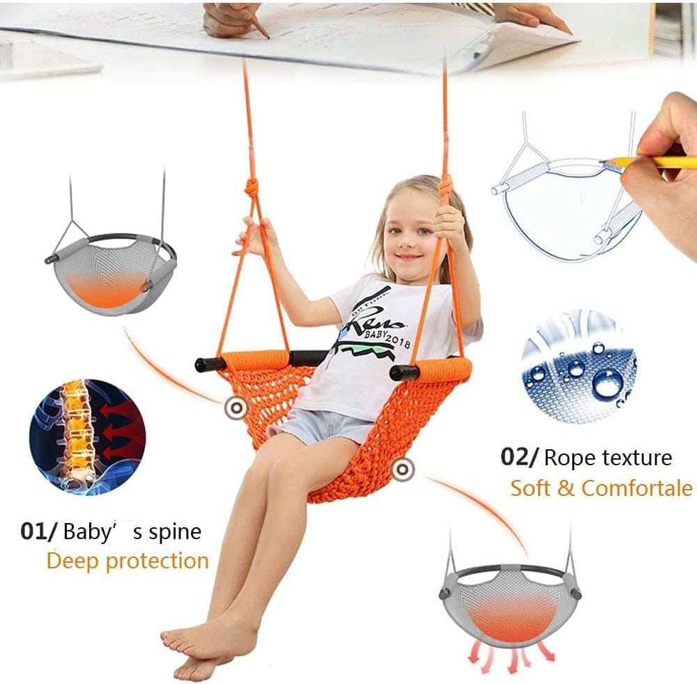 Kids Swing Seat, Hand-Knitting Toddler Swing, Swing Seat for Kids with Adjustable Ropes, Kids Tree Swing Porch Swing Rope Swing Seat, for Outdoor Indoor, Playground, Backyard (Orange) image number 2