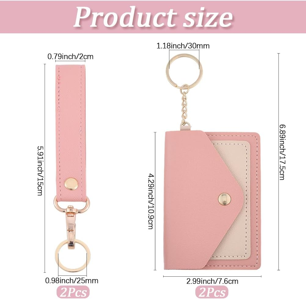 SUNNYCLUE 1 Box 2 Sets Pink Leather Wristlet Keychain Cute Key Chain Wallet Cute 2Pcs Wrist Landyard Strap 2Pcs Card Bags Hloder Keyring for Women Purse Car Fob Door Keys Accessories Adults No Lost image number 4