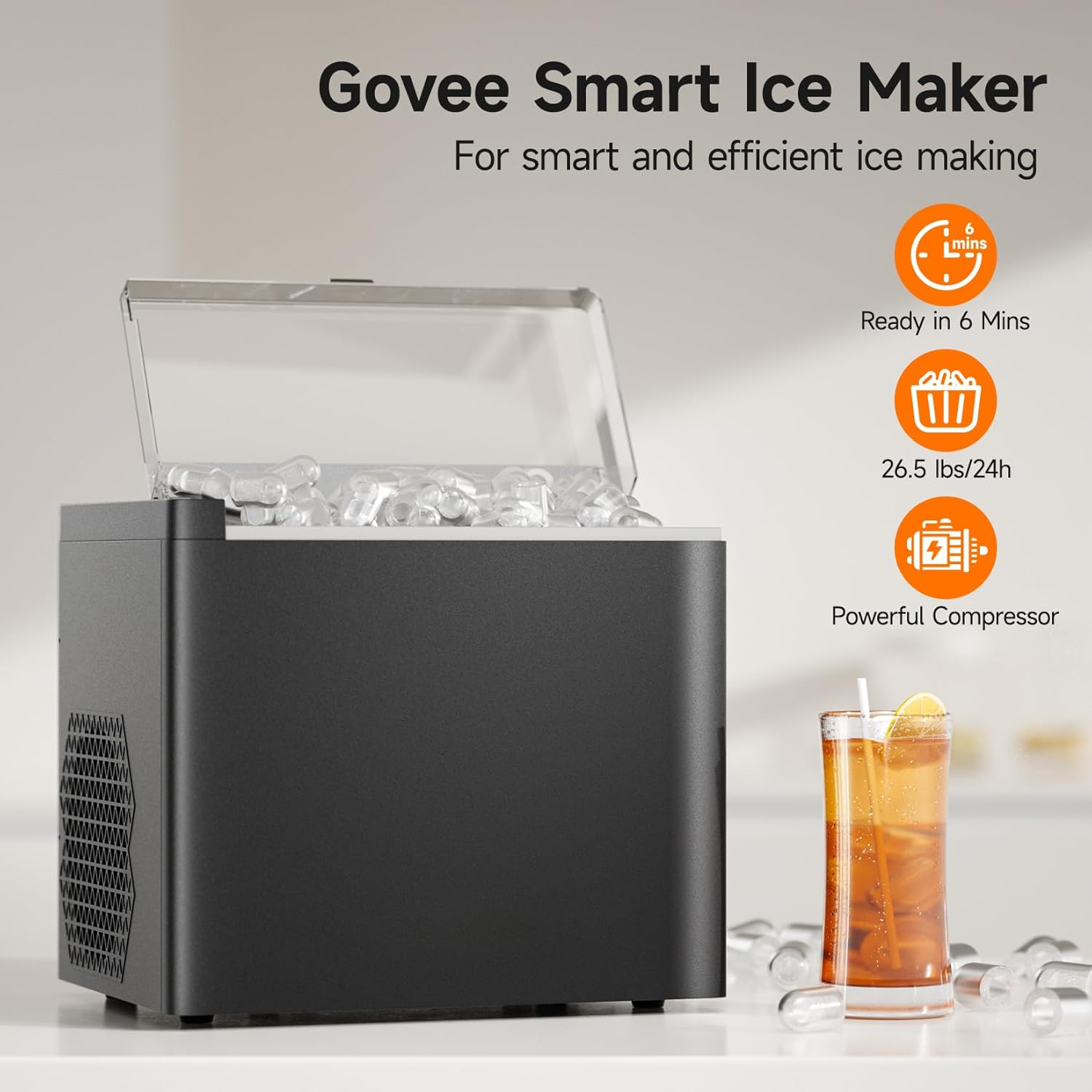 SONOLOR Ice Maker Countertop, Portable Ice Machine with Ice Scoop, Basket, 9 Cubes in 6 Mins, 26.5Lbs/24H, 2 Sizes of Bullet Ice, One-Click Operation Ice Makers for Home/Party/Offices/Bars (Black) image number 5