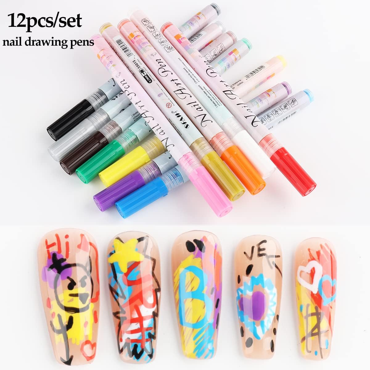 Nail Art Graffiti Pen Set 12Pcs Waterproof Painting Marker Pen Black White Drawing Gel Liners Quick Dry Dotting Pen Nails Professional Material for Manicure - 12Pcs-Set image number 7