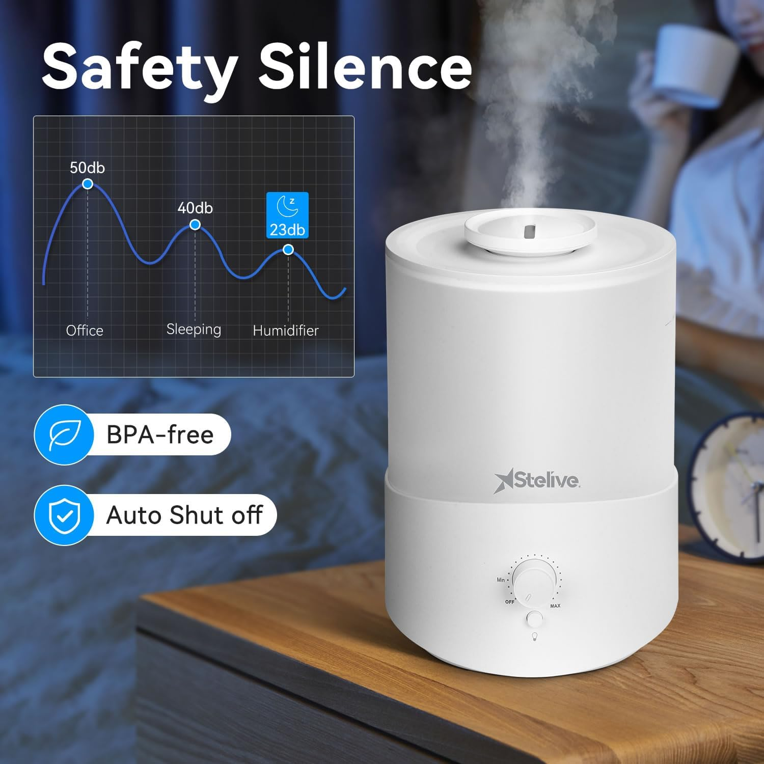 Stelive 2.5L Air Humidifier for Bedroom Baby Room, Cool Mist Humidifiers with 7 Color LED Light, 360&deg; Nozzle, Top Fill, Quiet Sleep Mode, Auto Shut Off, Humidifier, Oil Diffuser & Night Light 3 in 1