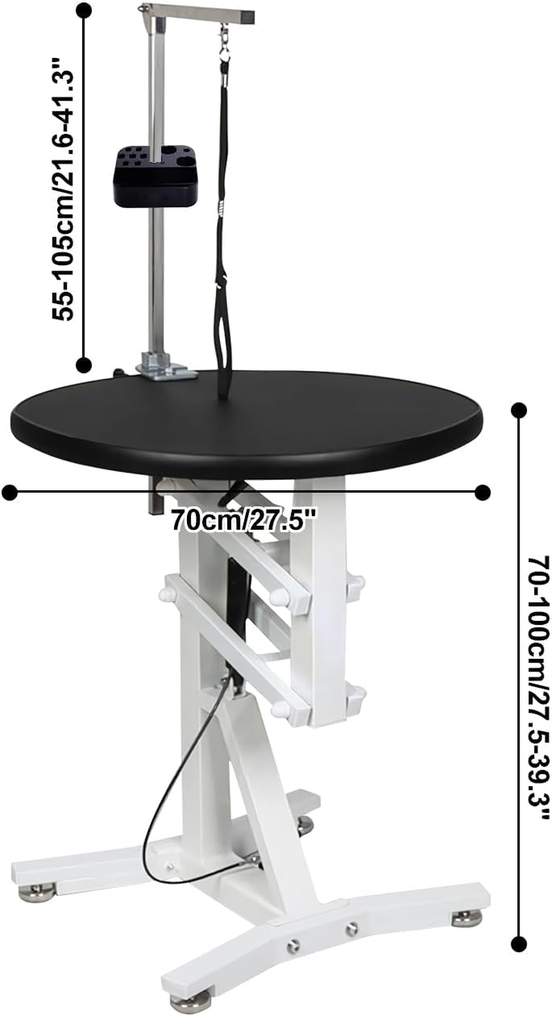 Pneumatic Lift Pet Grooming Table, Rotating Desktop Grooming Table, round Dog Cat Trimming Station with Toolbox Adjustable Overhead Arm and Table Height Max Load 110Lbs image number 1