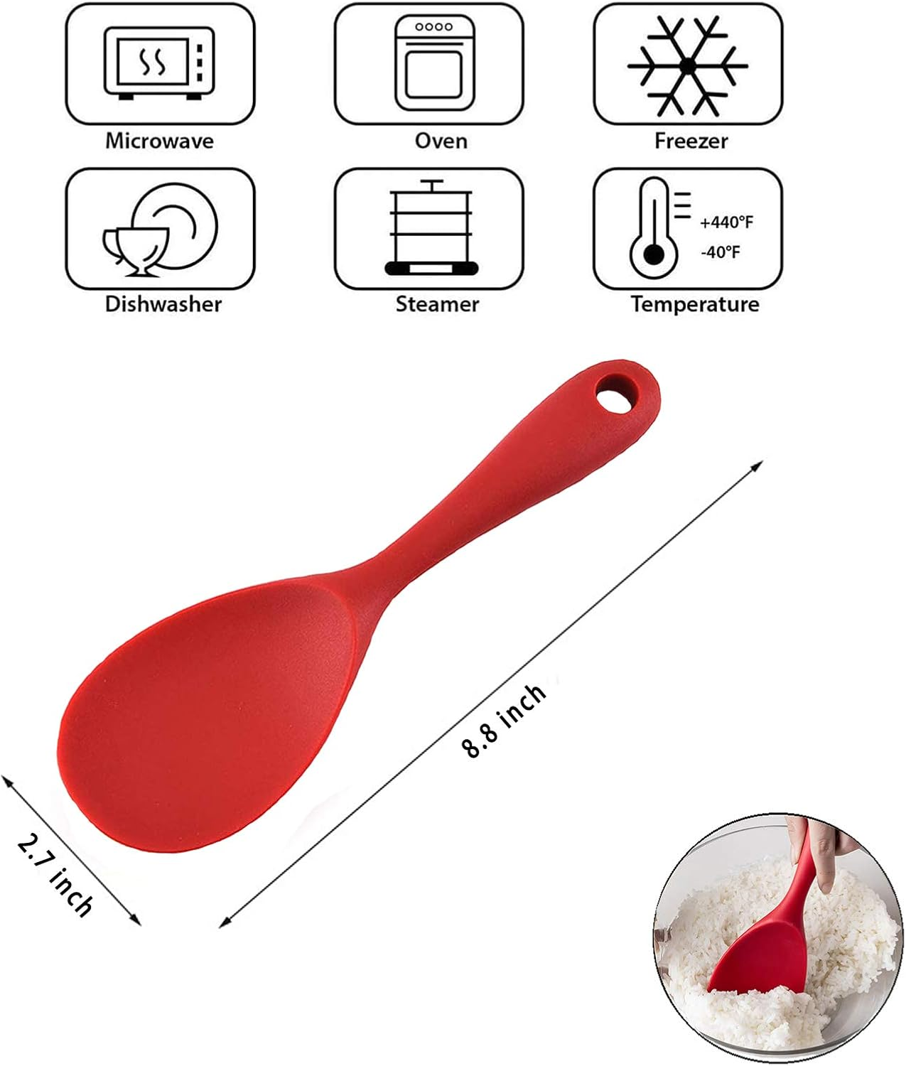 Silicone Rice Paddle Spoon Set of 2,Non Stick Heat Resistant to 446&deg;F Strong Steel Core,Kitchen Gadget,Dishwasher Safe,Works for Rice,Mashed Potato or More (Red) - Red image number 4