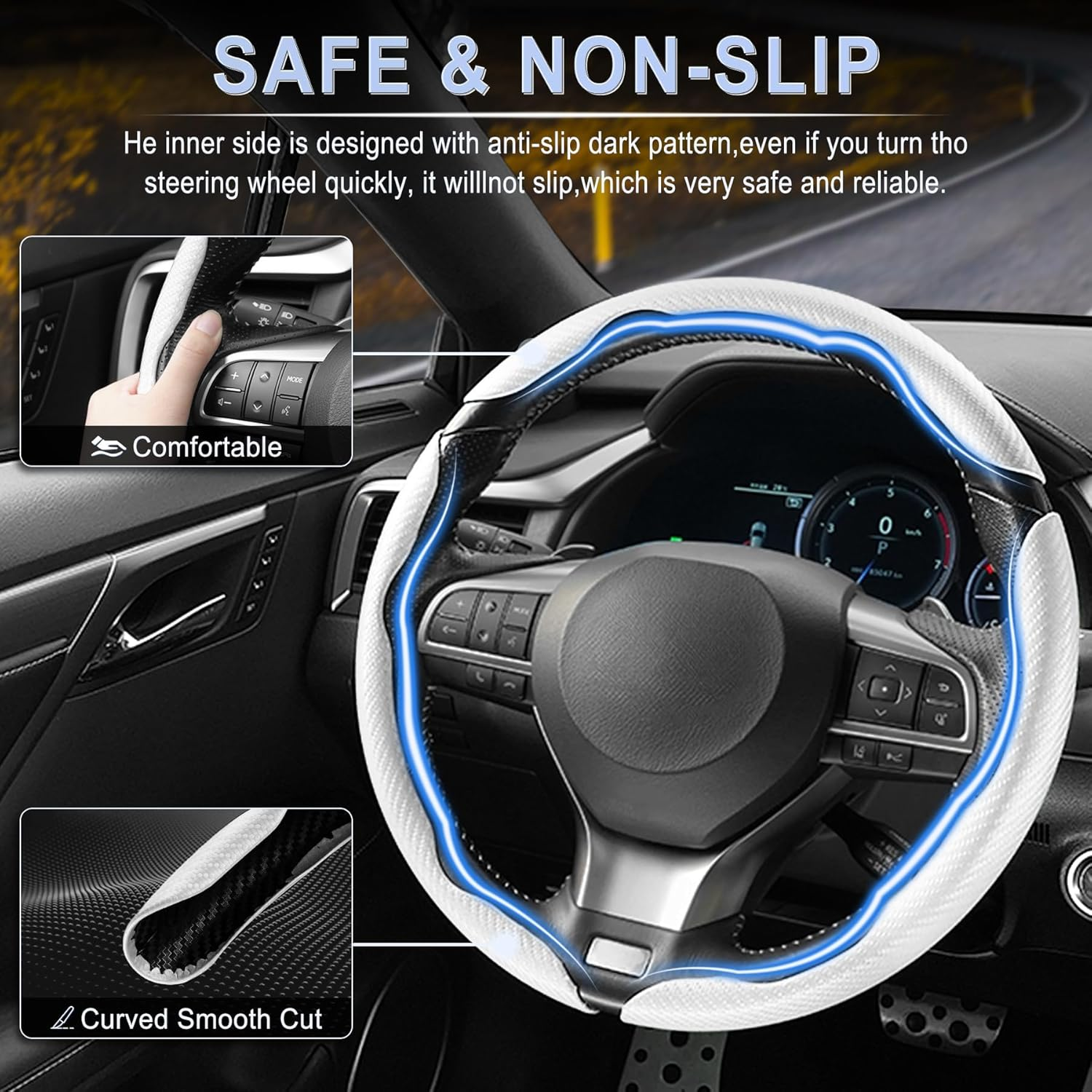 3-Piece Carbon Fiber Steering Wheel Cover Set &ndash; Anti-Slip Segmented & Butterfly Design Design Universal Fit for Most Cars, Segmented Wheel Protector Cover with Enhanced Grip (White) image number 3