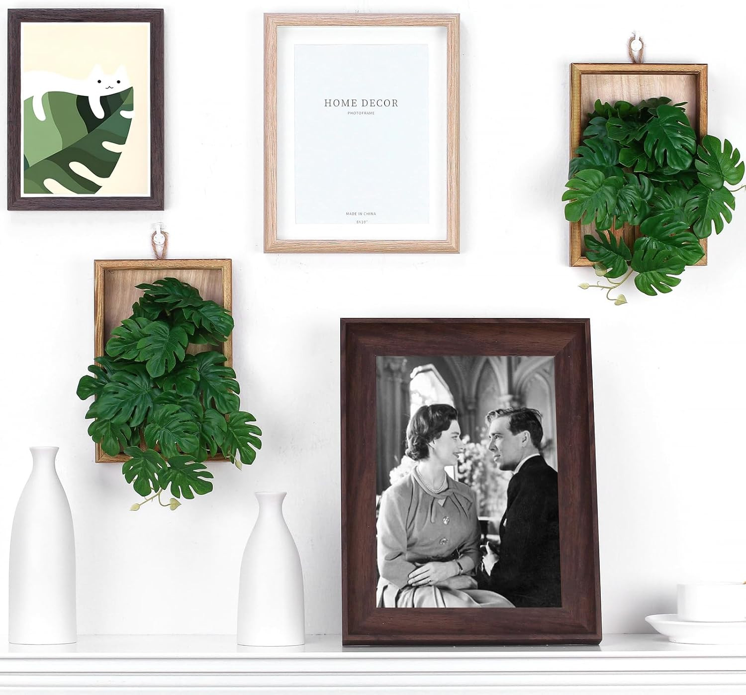 Artificial Monstera Plant in Frame, Green Leaves, Artificial Flowers, 2 Pieces per Box